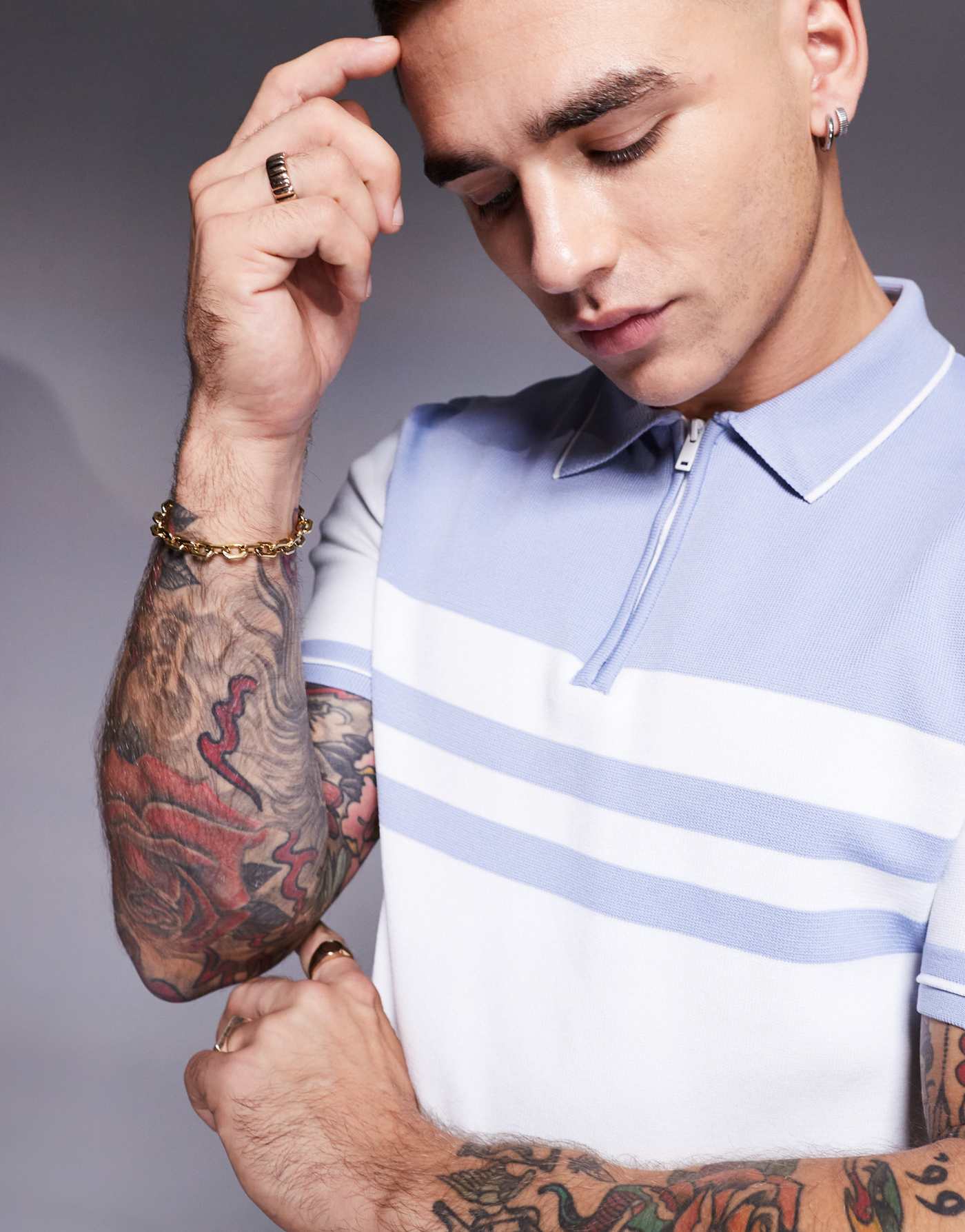 River Island muscle fit zip polo in white and blue