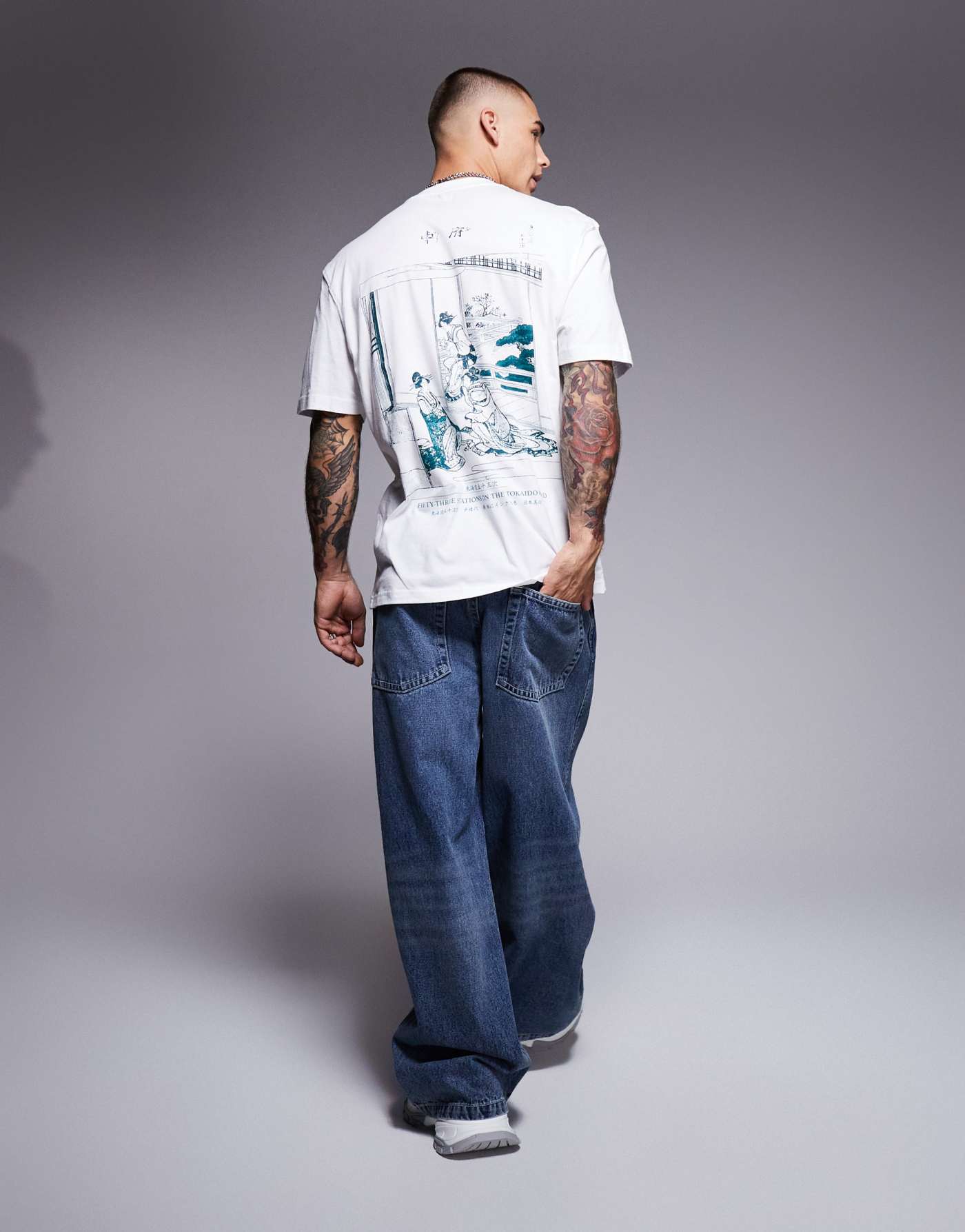 River Island Houkusai back print t-shirt in ecru