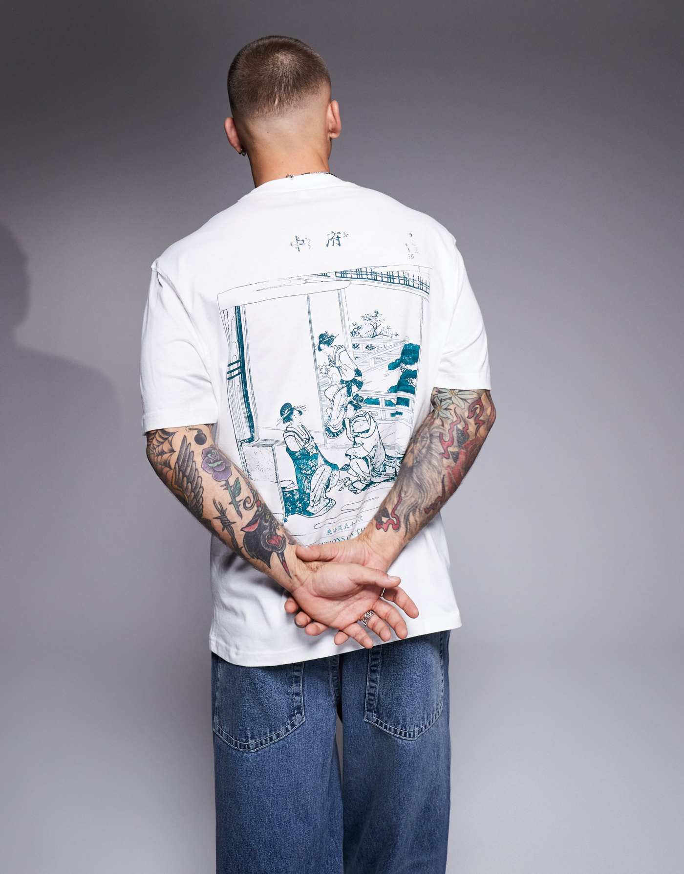 River Island Houkusai back print t-shirt in ecru