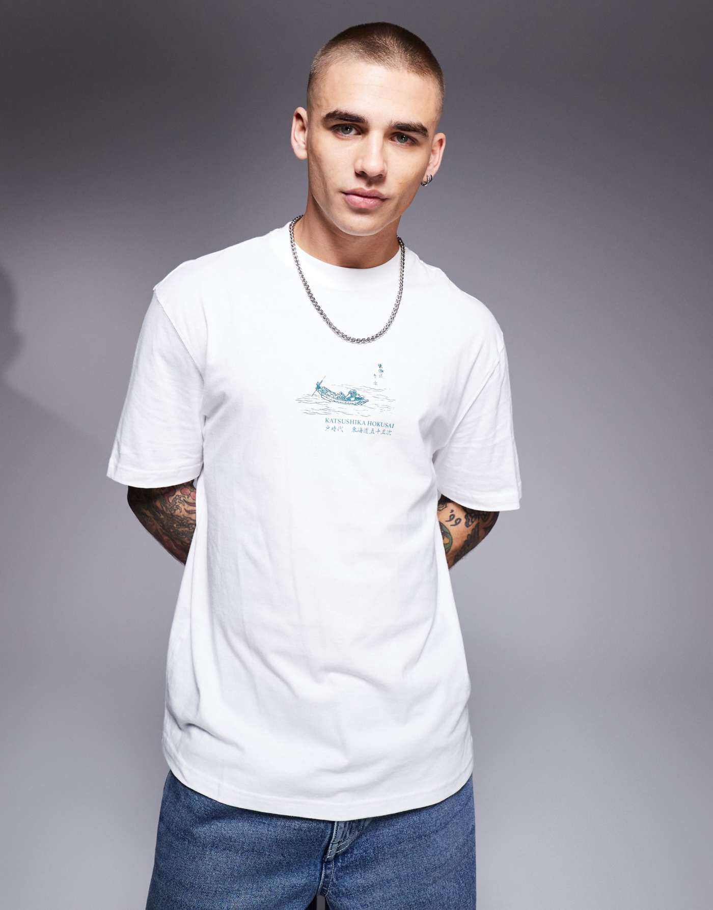 River Island Houkusai back print t-shirt in ecru