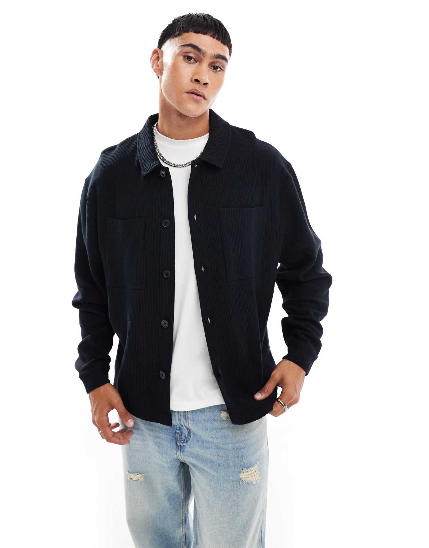 ASOS DESIGN oversized ribbed jersey harrington jacket in black