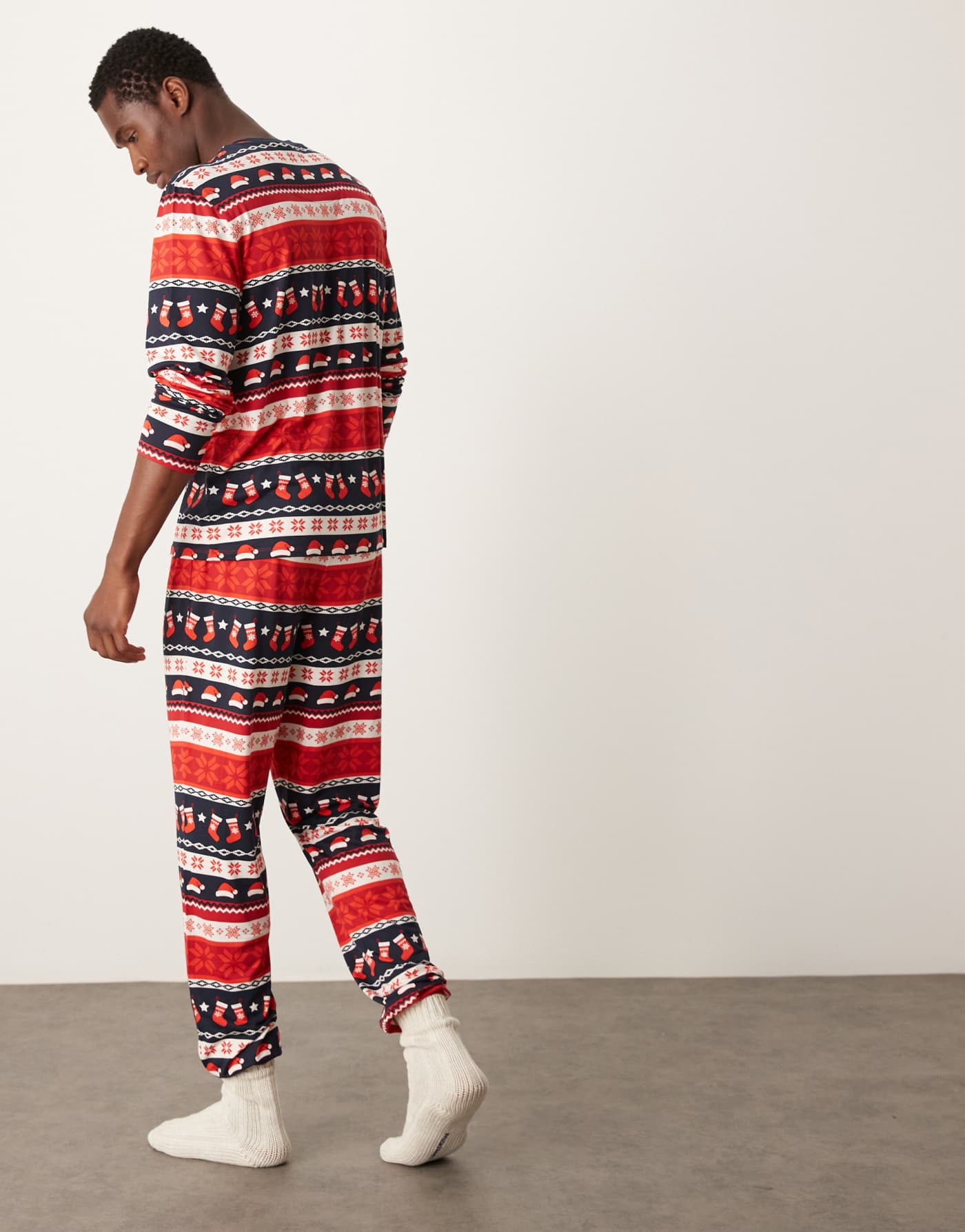 Urban Threads poly Christmas long sleeve t-shirt and pyjama bottom set in red fairisle print