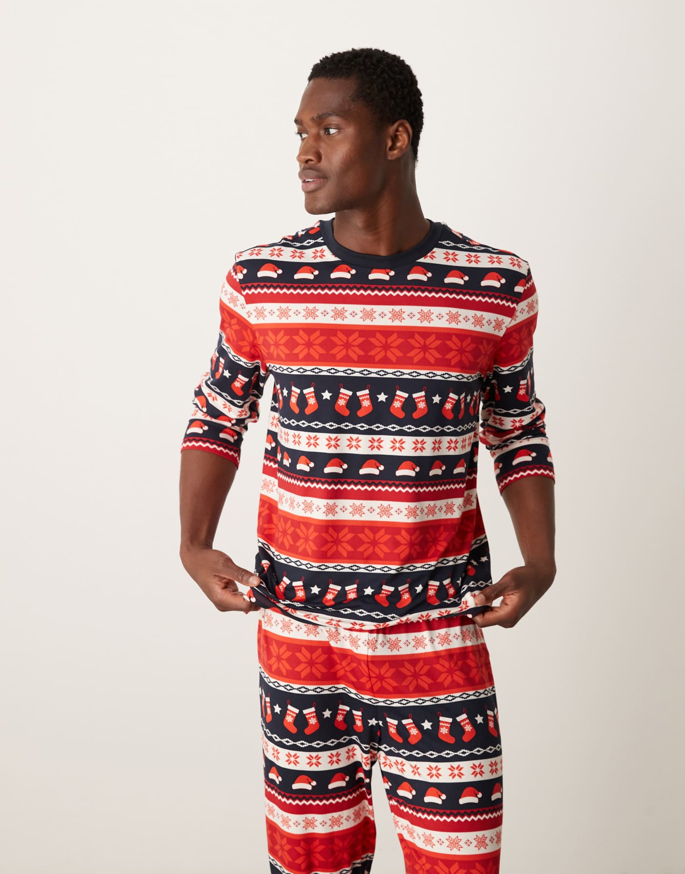 Urban Threads poly Christmas long sleeve t-shirt and pyjama bottom set in red fairisle print