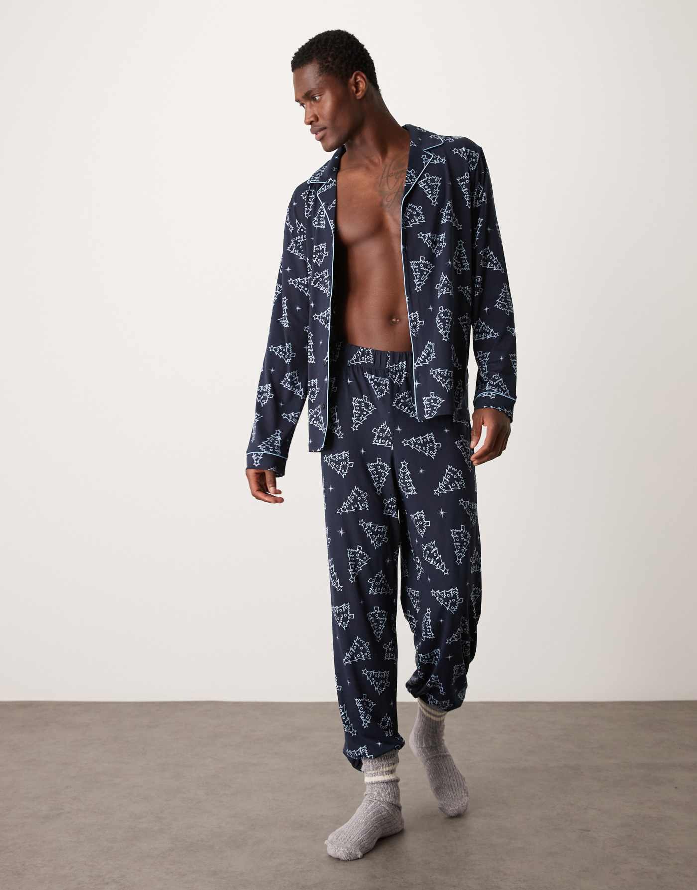 Urban Threads poly Christmas long sleeve shirt and trouser set in blue christmas tree print