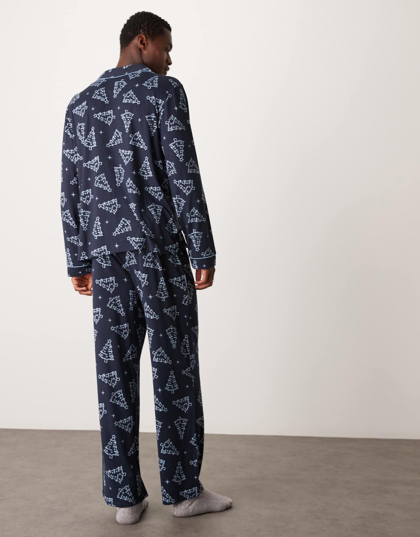 Urban Threads poly Christmas long sleeve shirt and trouser set in blue christmas tree print