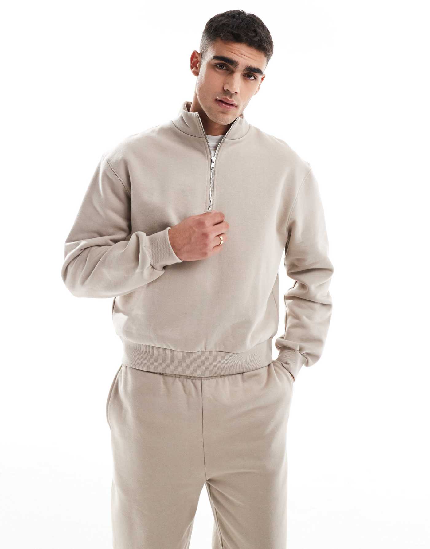 ASOS DESIGN premium heavyweight boxy oversized quarter zip sweatshirt 400gsm in beige