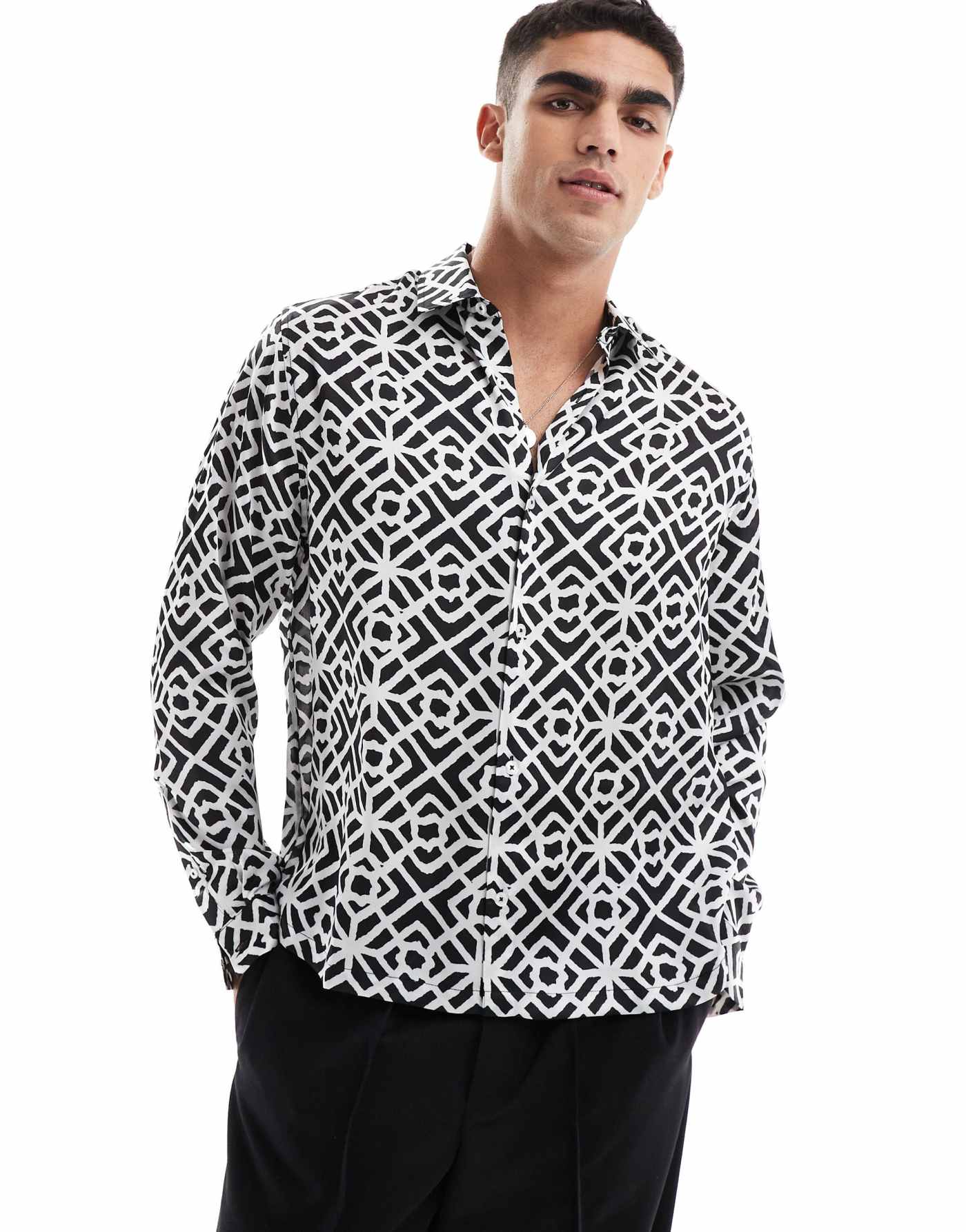 ASOS DESIGN boxy relaxed shirt with geo print in black and white