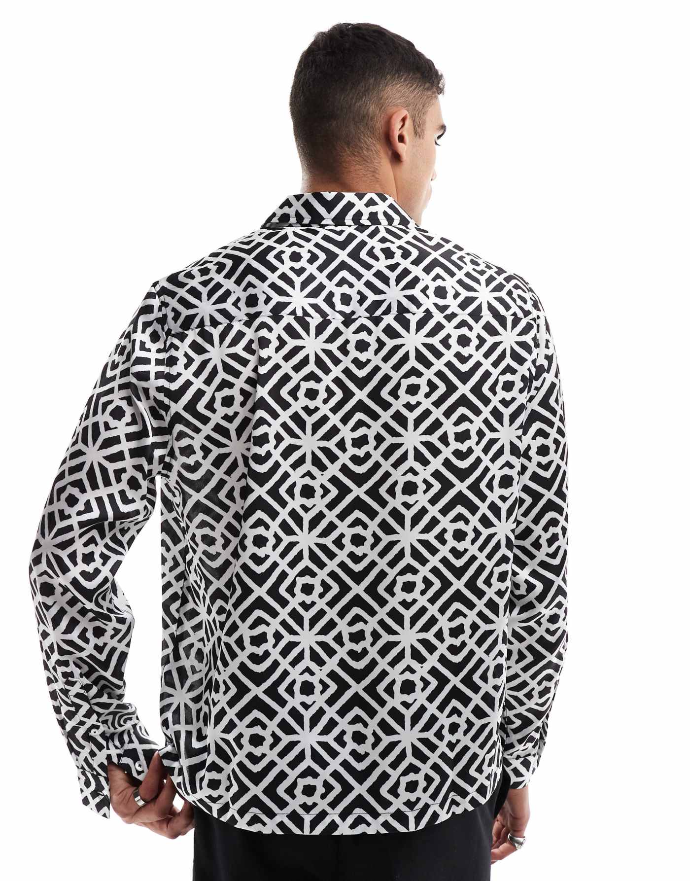 ASOS DESIGN boxy relaxed shirt with geo print in black and white