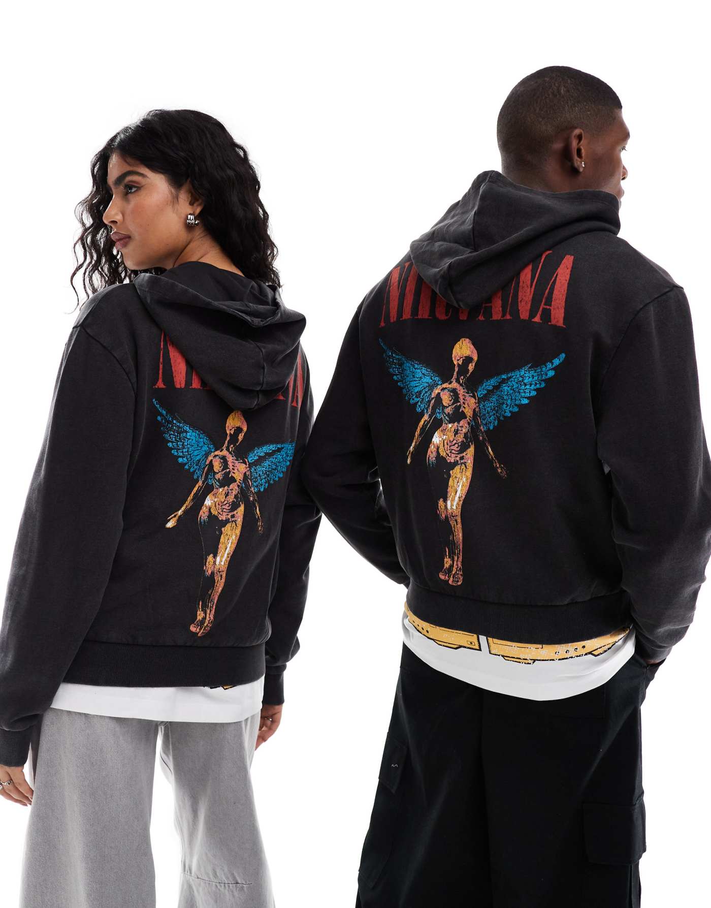 ASOS DESIGN unisex oversized hoodie with Nirvana prints in washed black