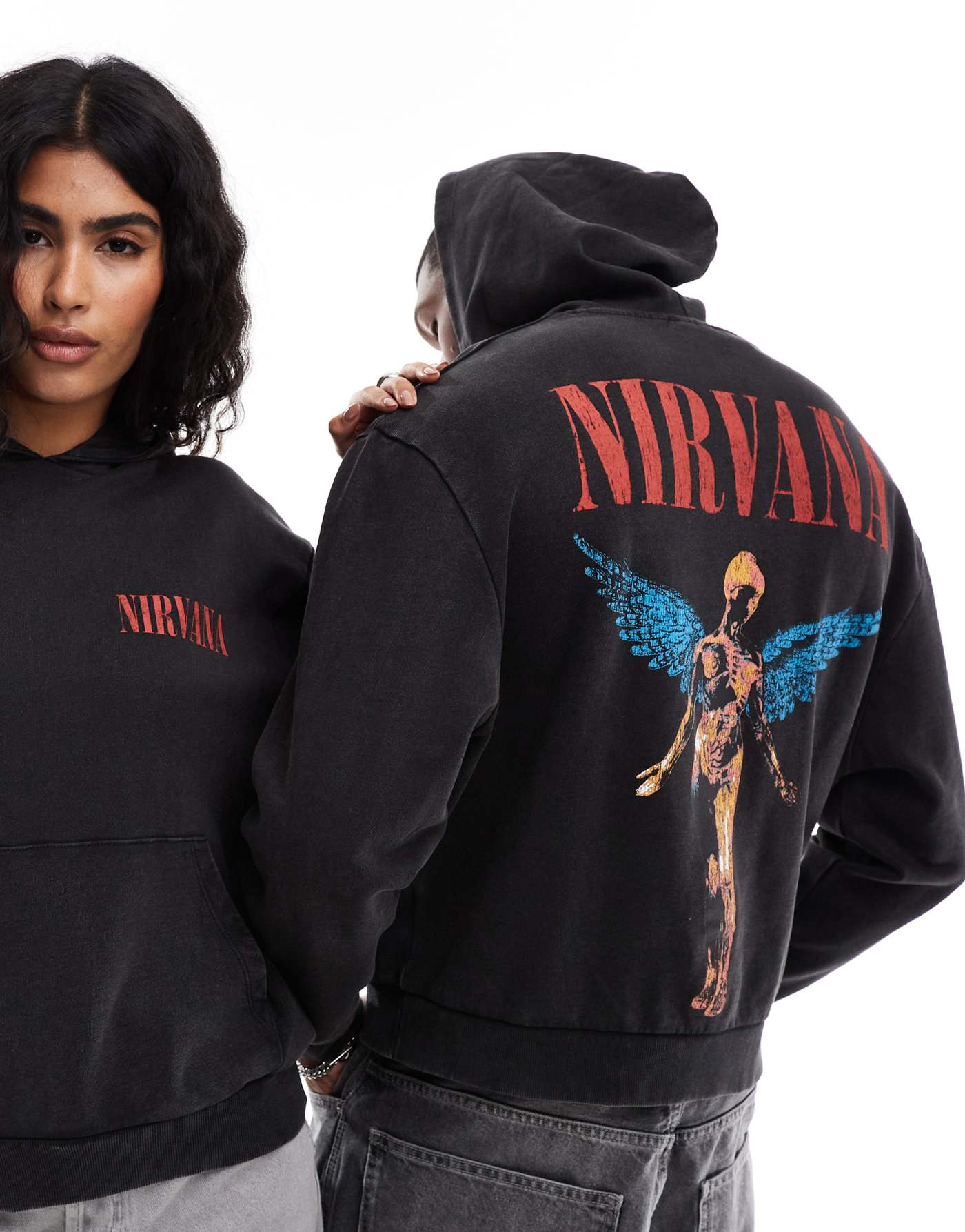 ASOS DESIGN unisex oversized hoodie with Nirvana prints in washed black