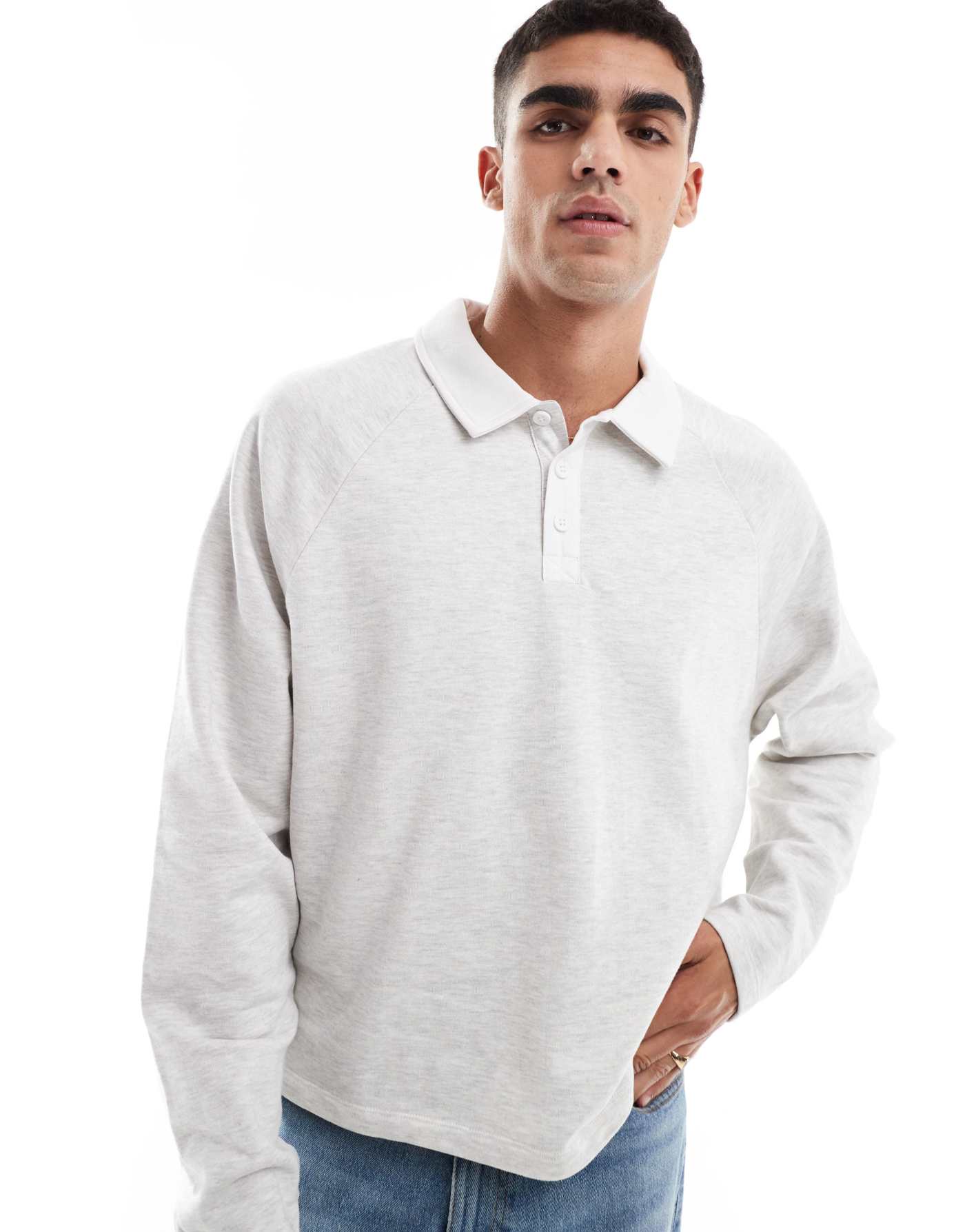 ASOS DESIGN rugby polo sweatshirt with raglan sleeves in ice marl