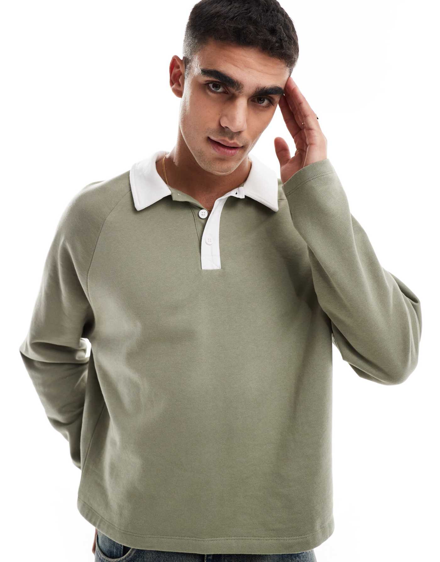 ASOS DESIGN rugby polo sweatshirt with raglan sleeves in khaki