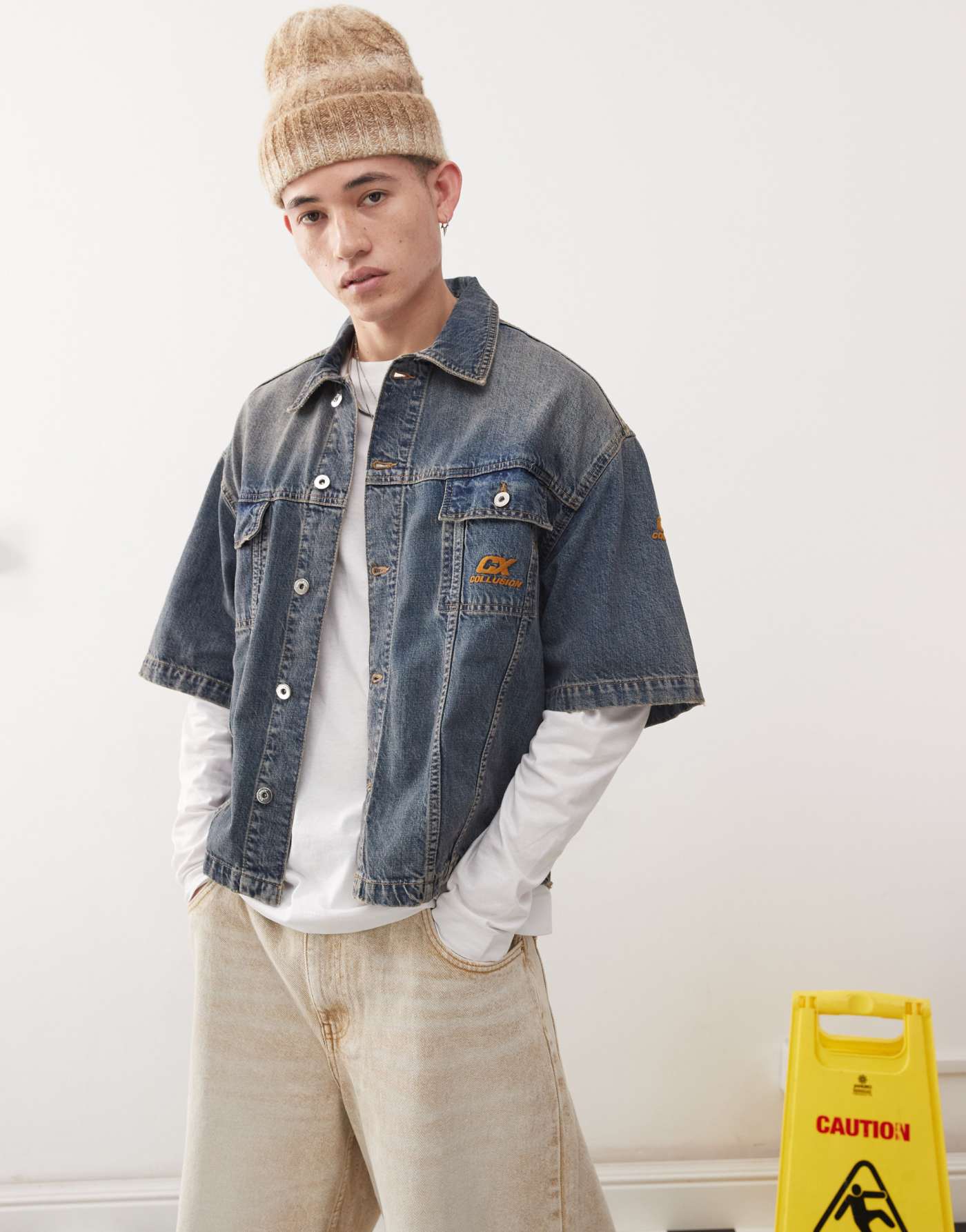 COLLUSION denim skate shirt in midwash