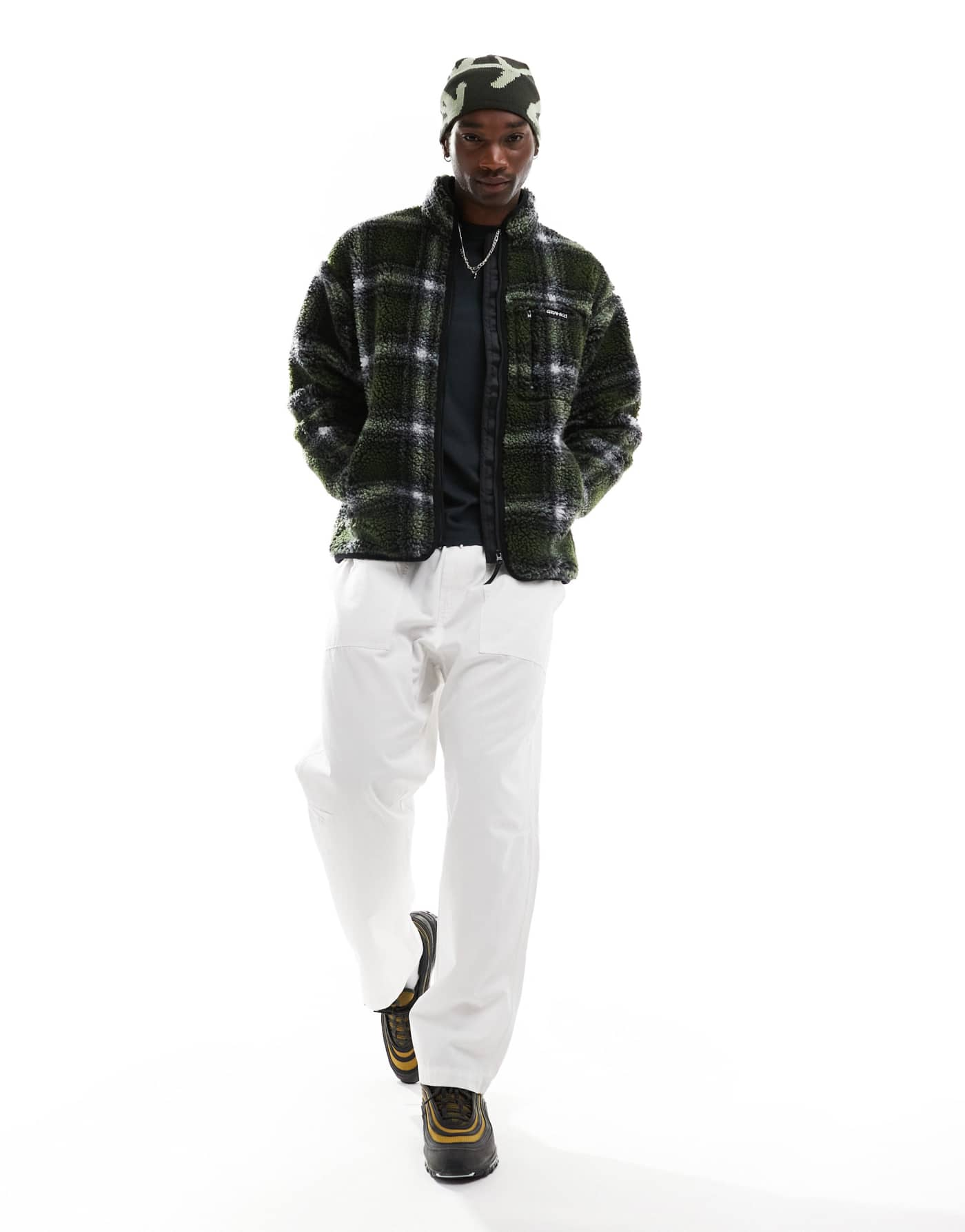 Gramicci sahdow plaid sherpa jacket in olive