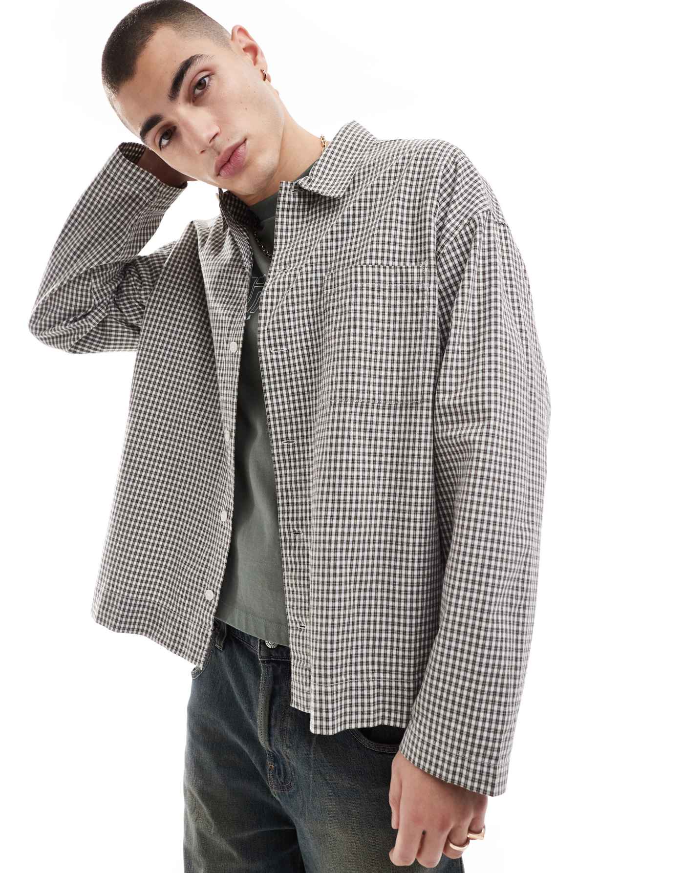 Jack & Jones boxy overshirt in grey check