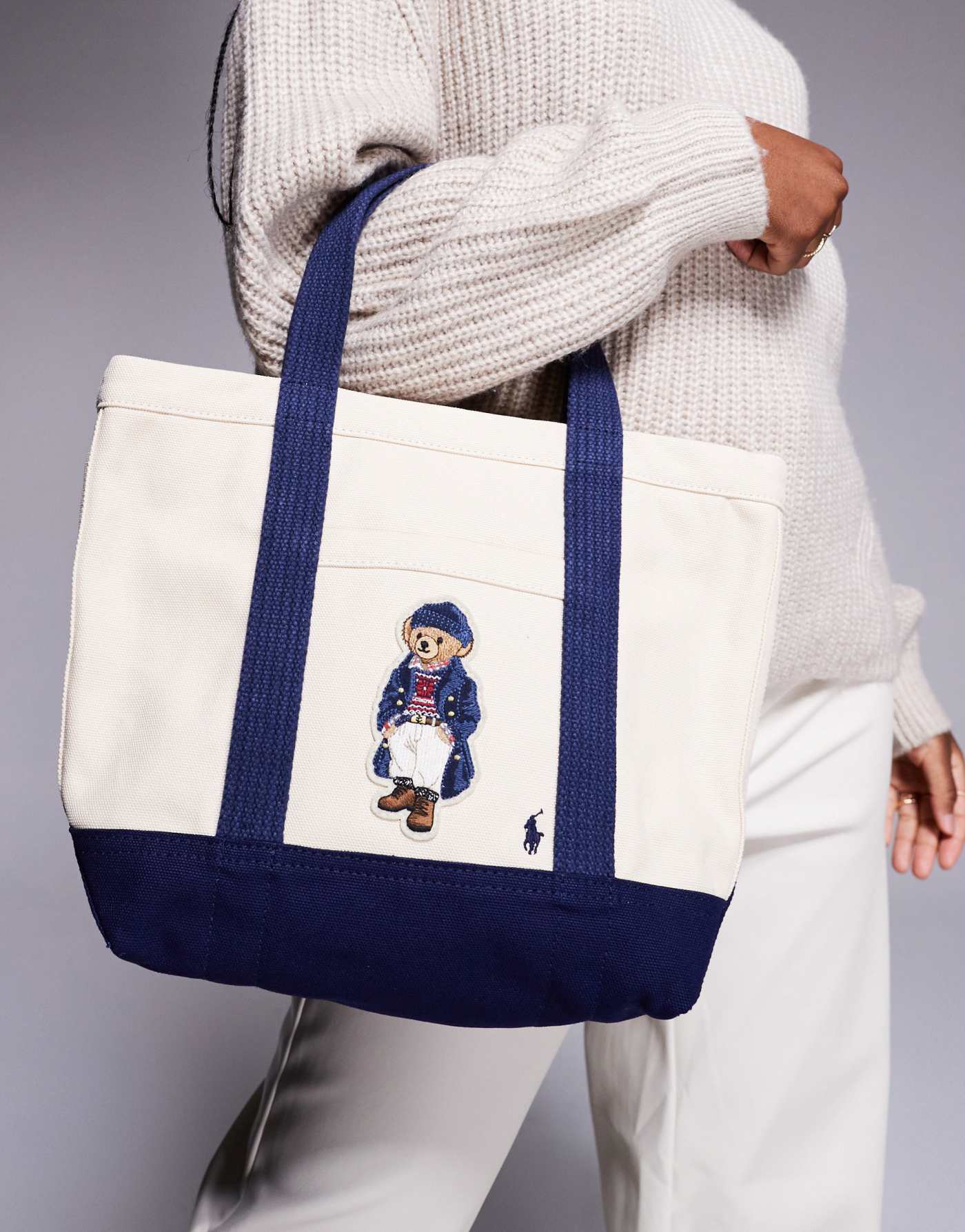 Polo Ralph Lauren tote bag with bear logo in cream and navy