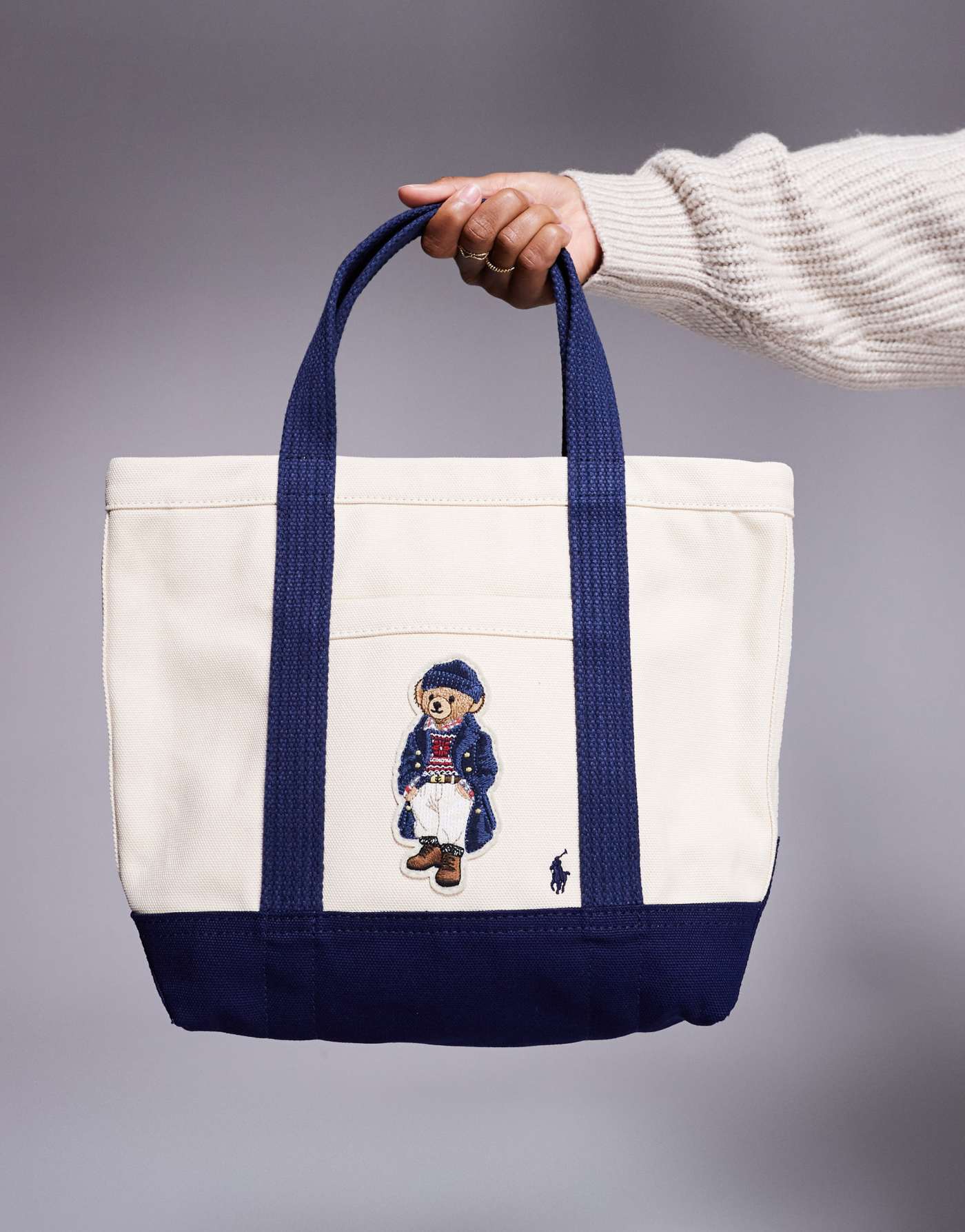 Polo Ralph Lauren tote bag with bear logo in cream and navy