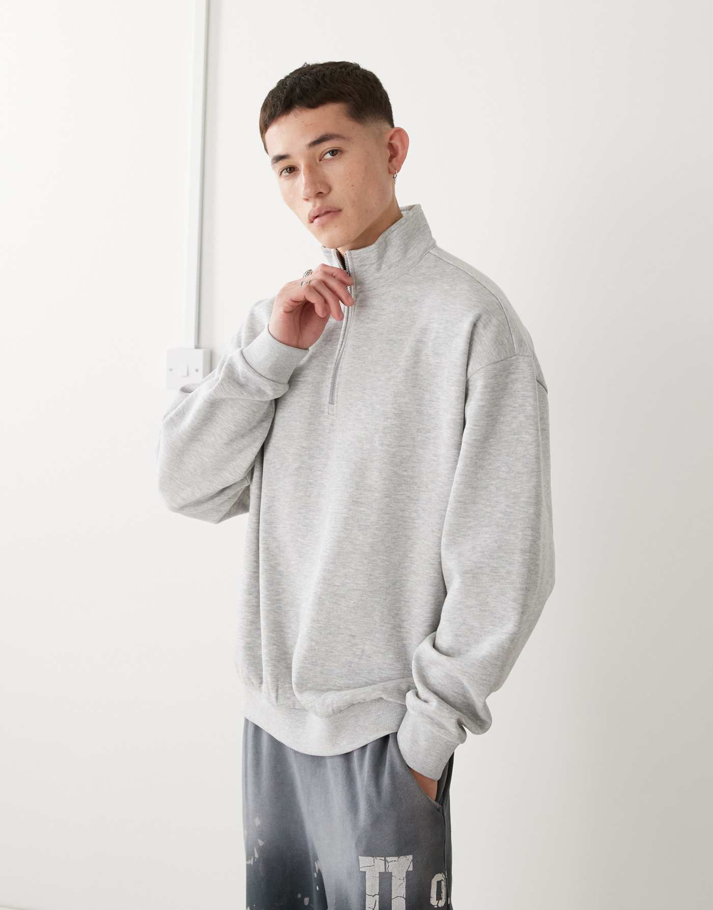 COLLUSION half zip funnel neck in grey marl