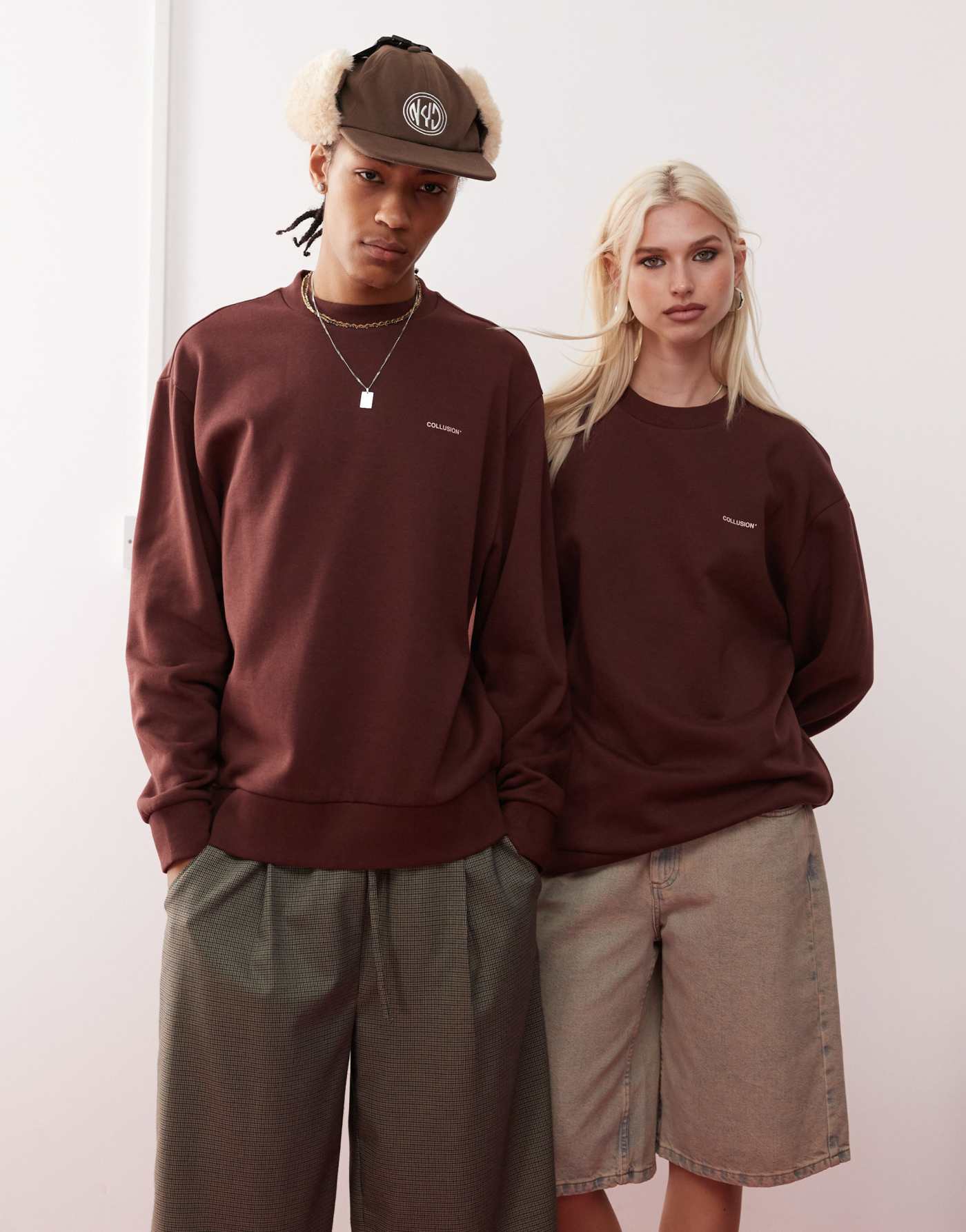 COLLUSION Unisex sweatshirt with logo print in chocolate