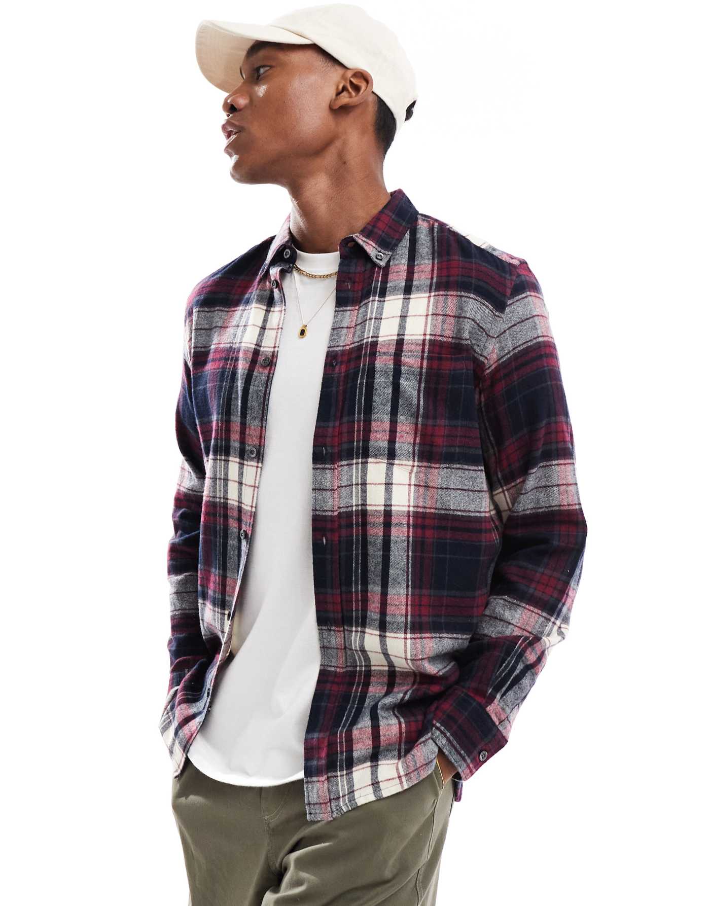 French Connection long sleeve check flannel shirt in burgundy