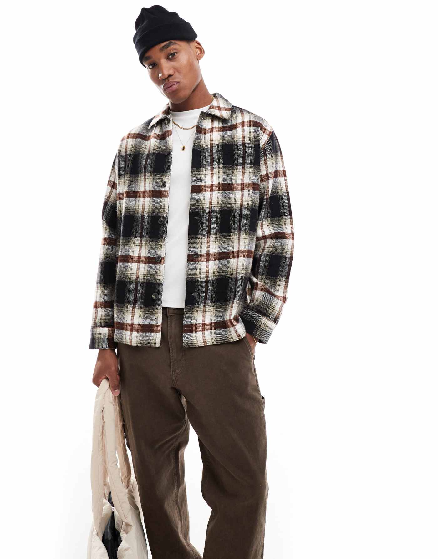 French Connection shacket in brown check print