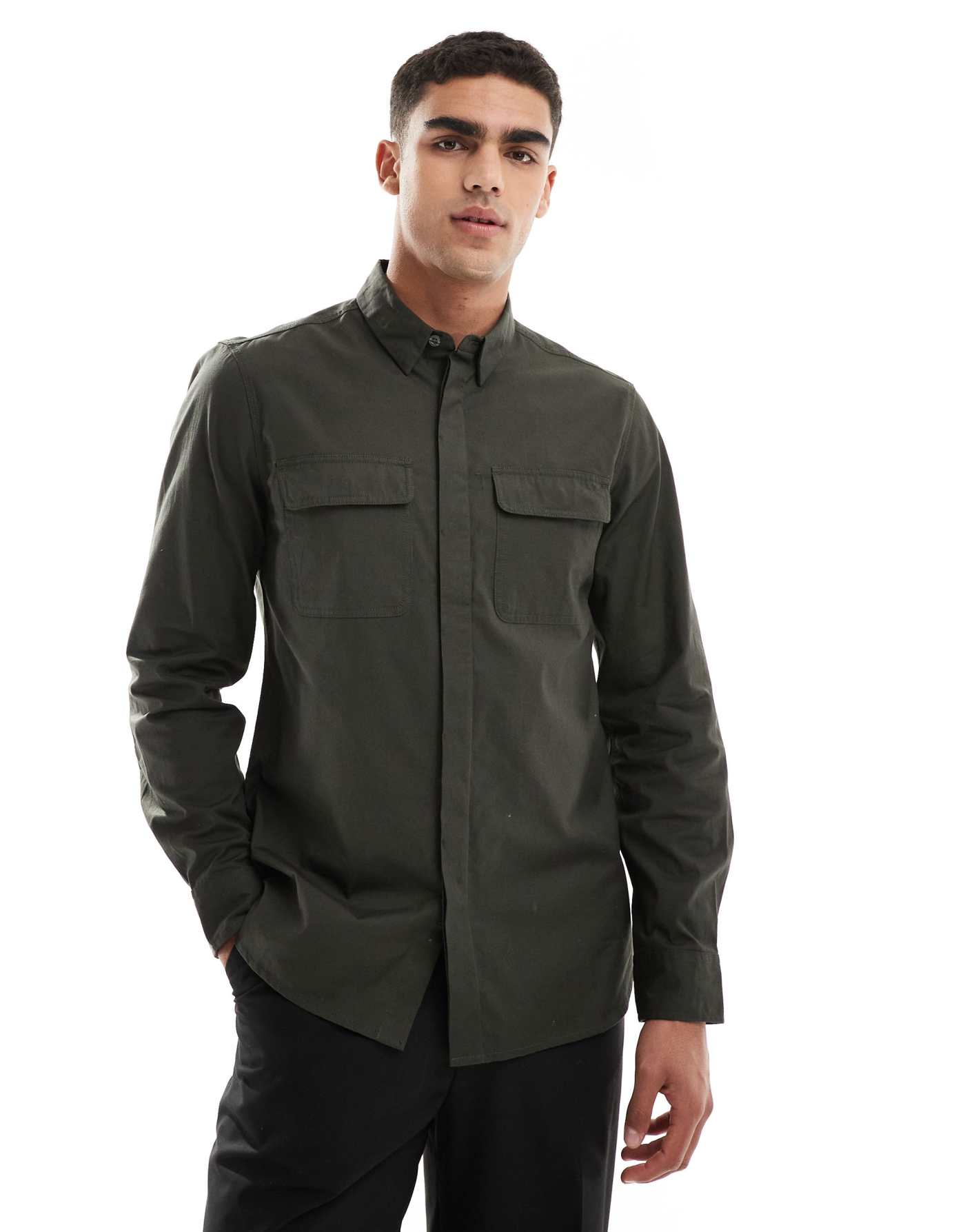 French Connection shirt with double breast pockets in khaki