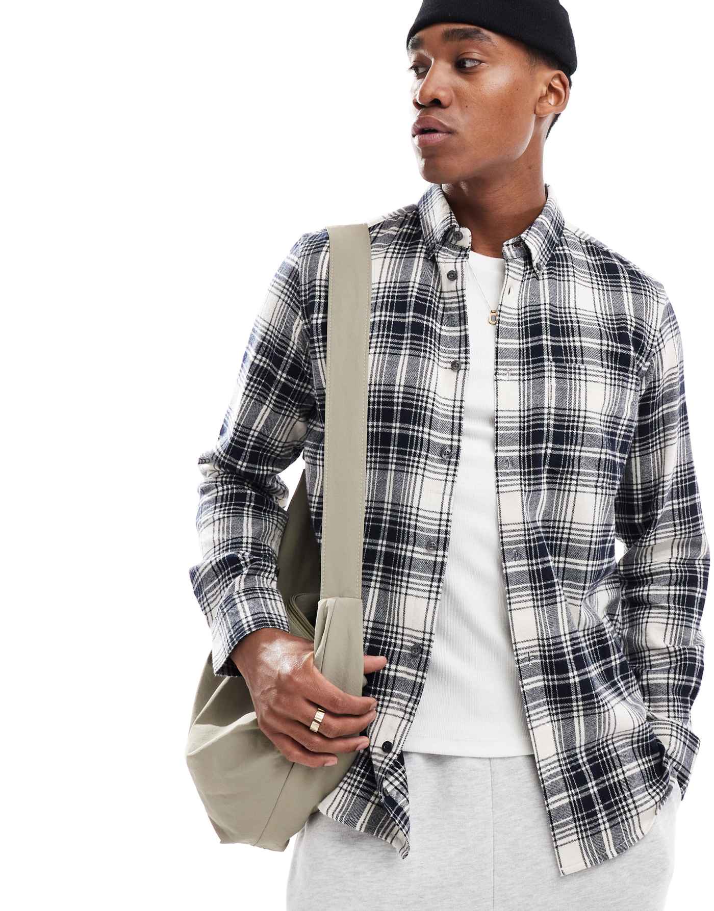 French Connection long sleeve check flannel shirt in ecru and navy