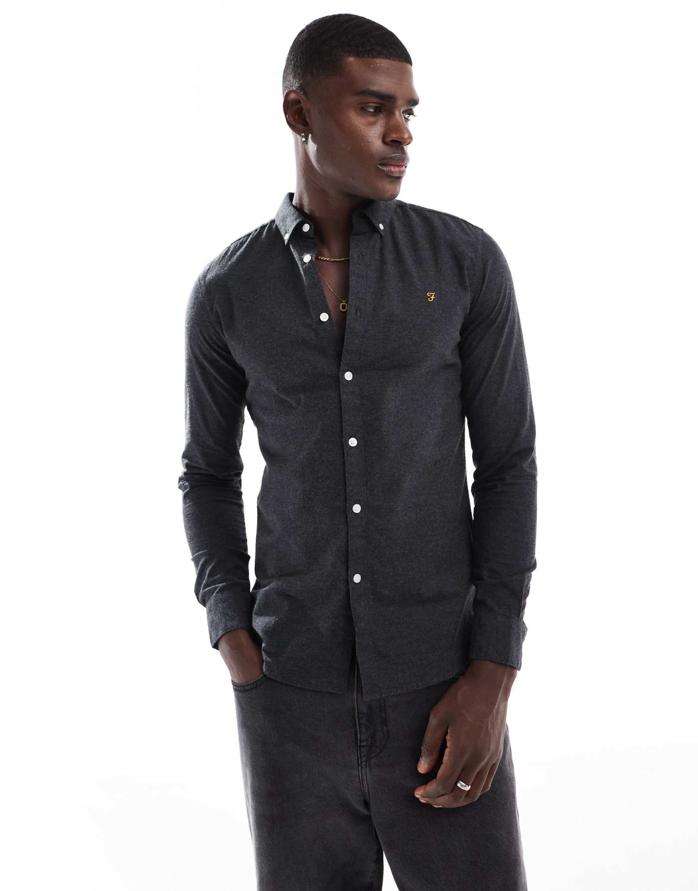 Farah Steen slim fit oxford longsleeve shirt in charcoal marl