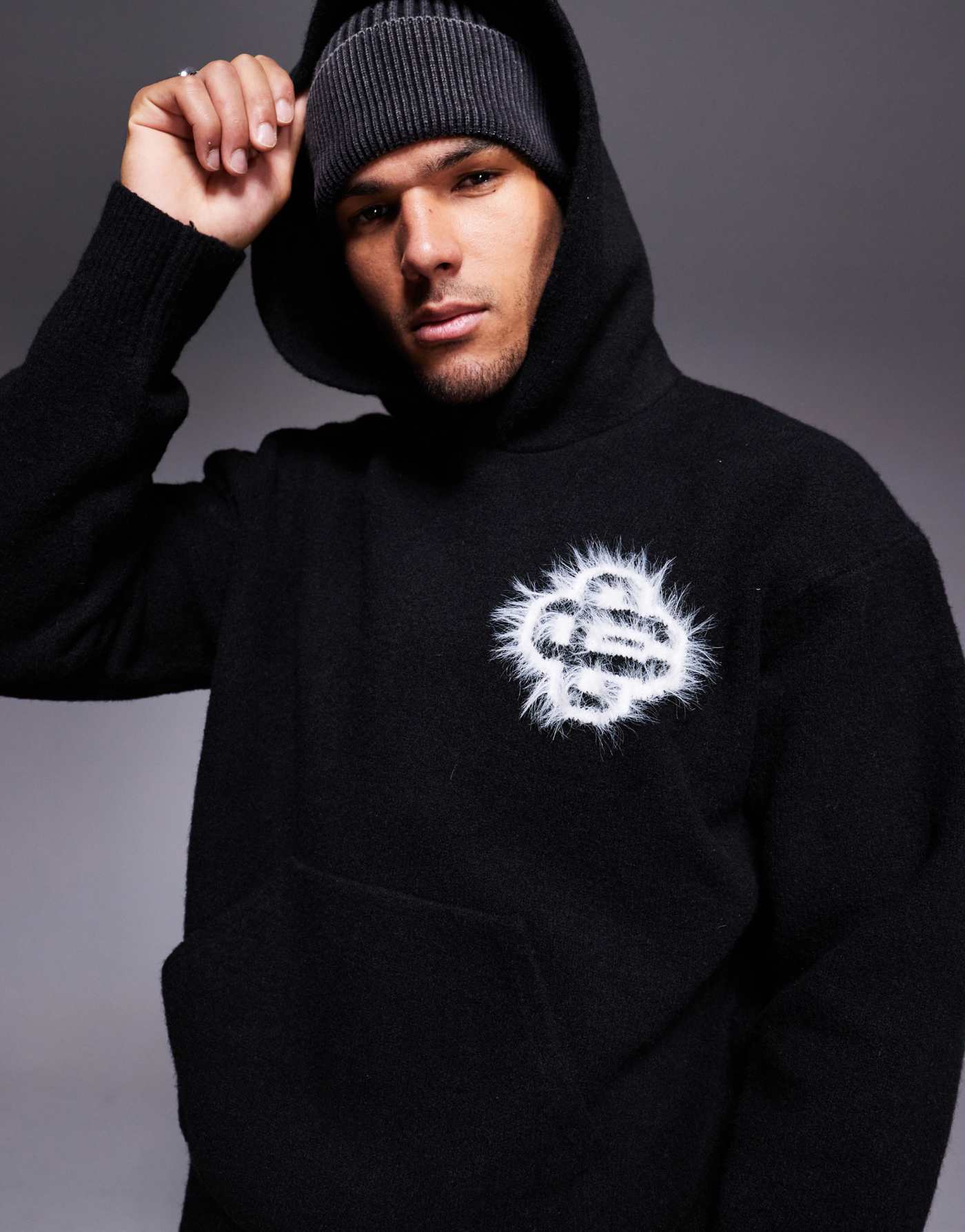 The Couture Club fluffy knit emblem hoodie in black