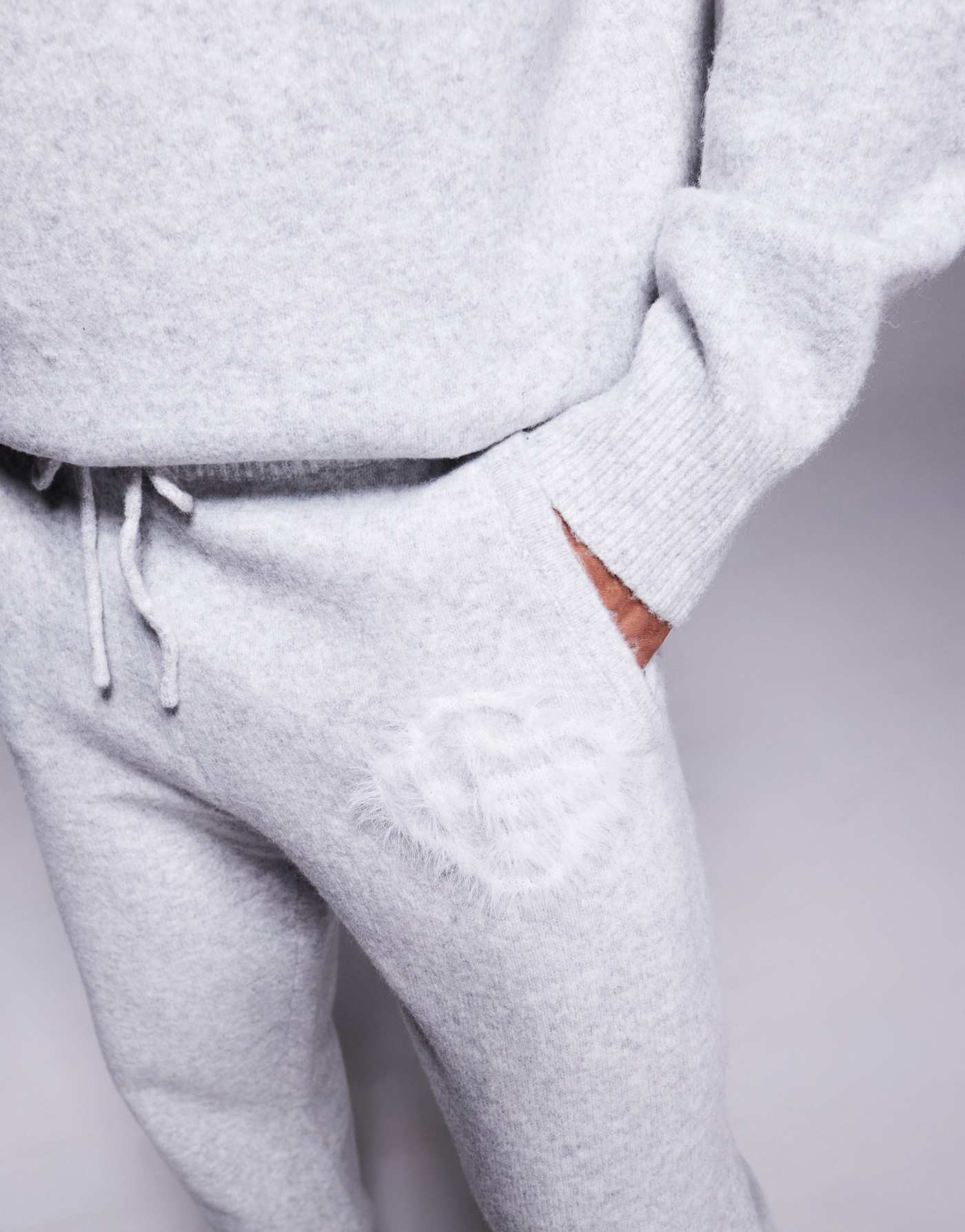 The Couture Club co-ord fluffy knit emblem joggers in grey marl