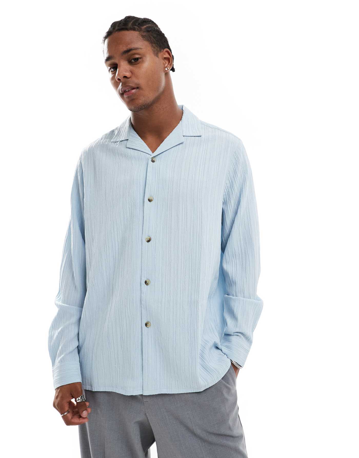 ASOS DESIGN relaxed fit crinkle texture shirt in light blue