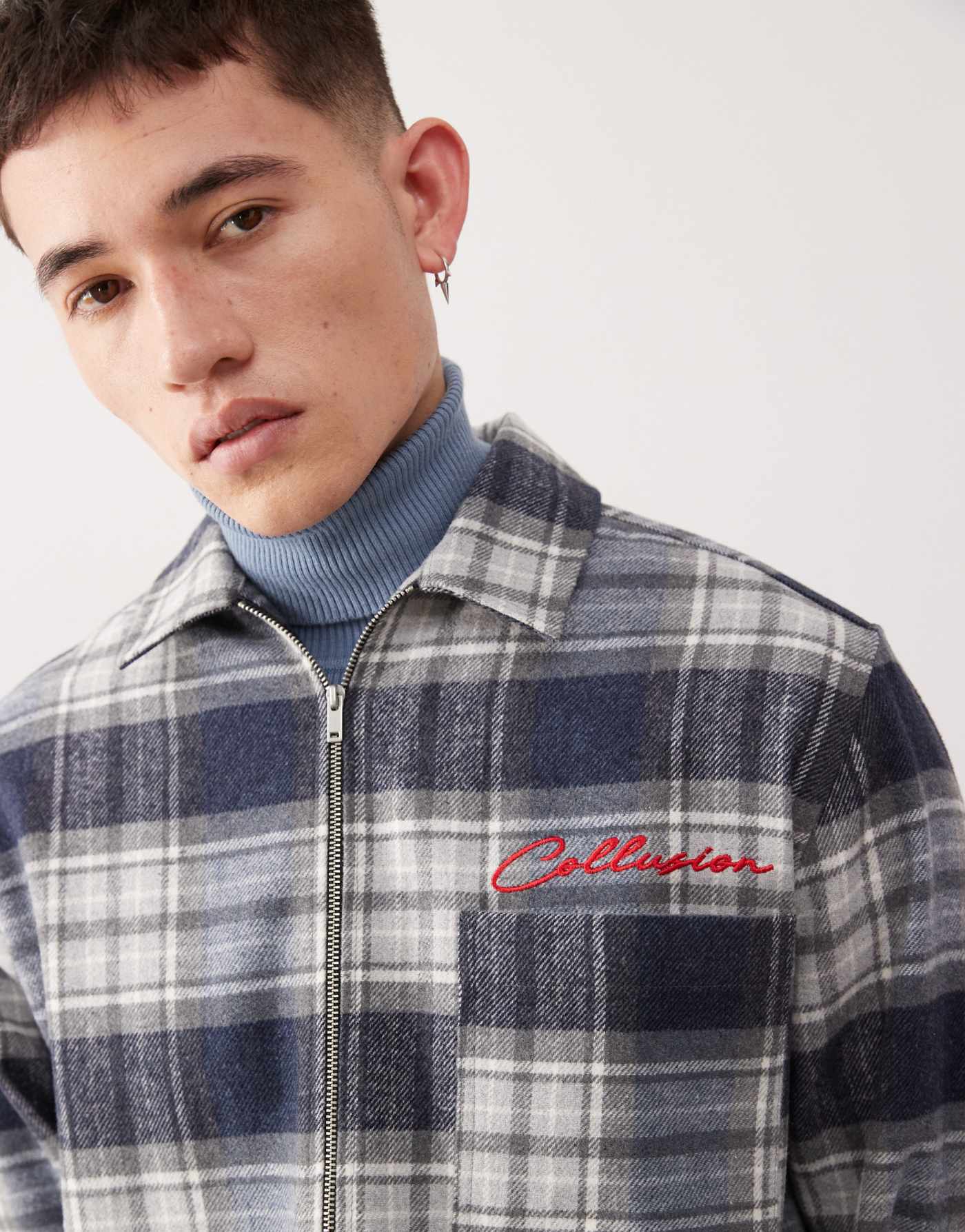 COLLUSION boxy shacket with embroidery detail in brushed check