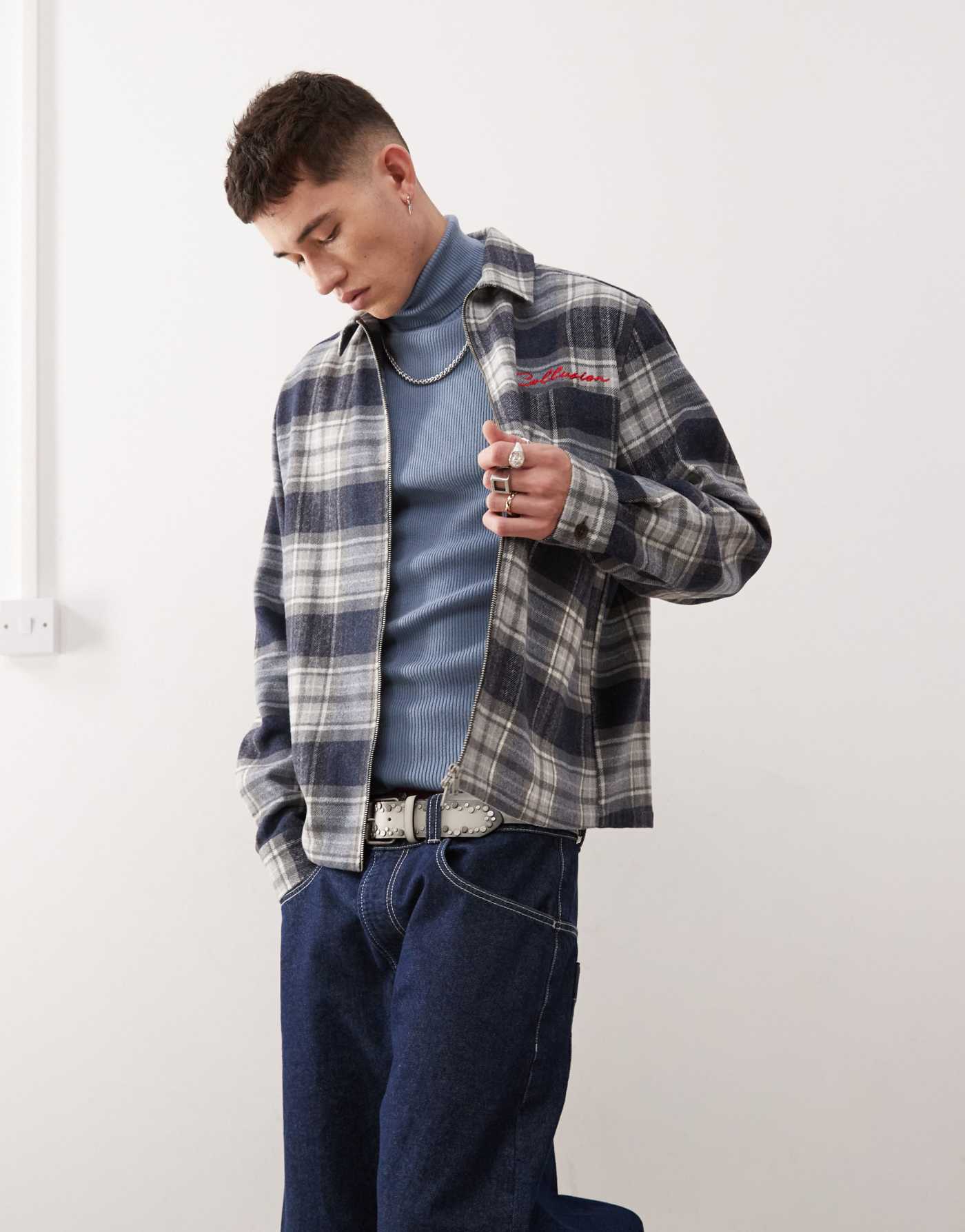 COLLUSION boxy shacket with embroidery detail in brushed check