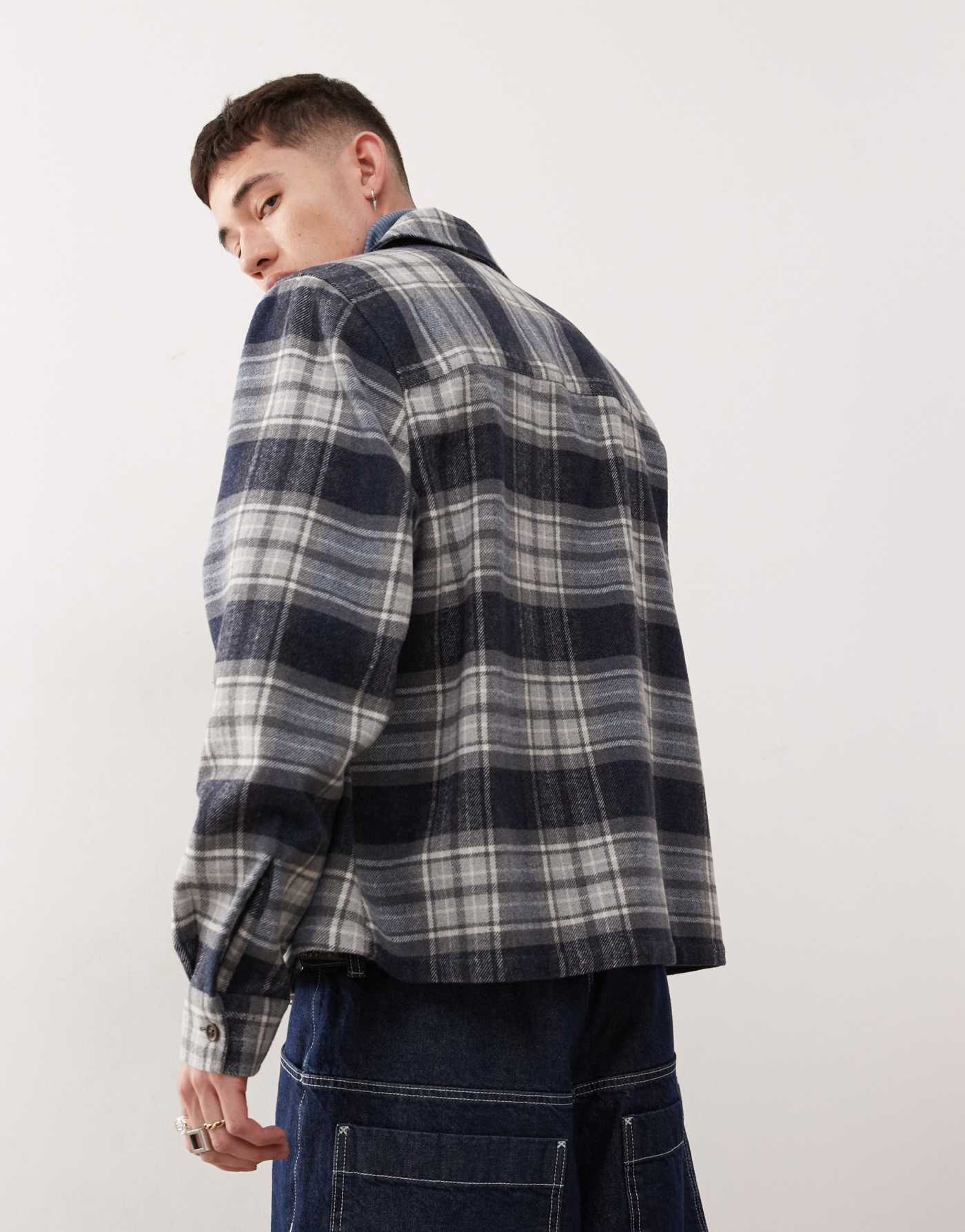 COLLUSION boxy shacket with embroidery detail in brushed check