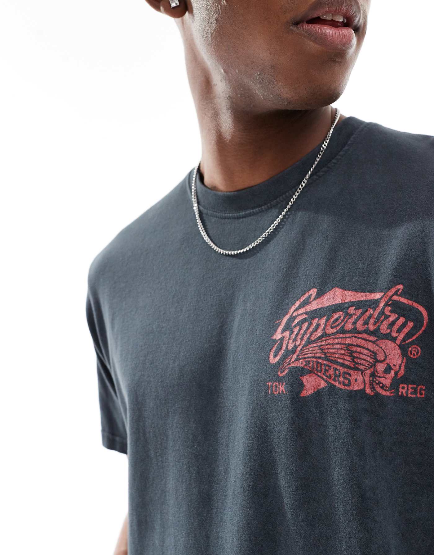 Superdry Biker rock graphic loose tee in mid back in black