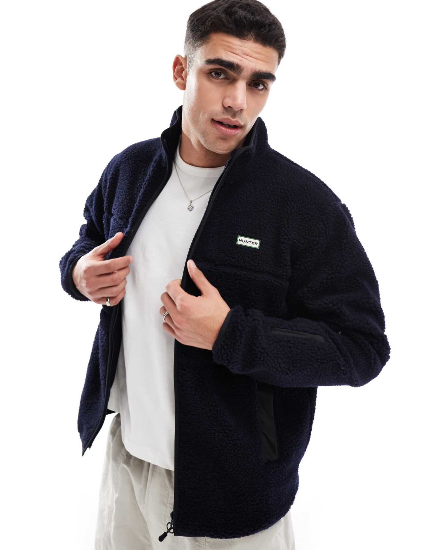 Hunter Milan sherpa jacket with contrast lining in navy