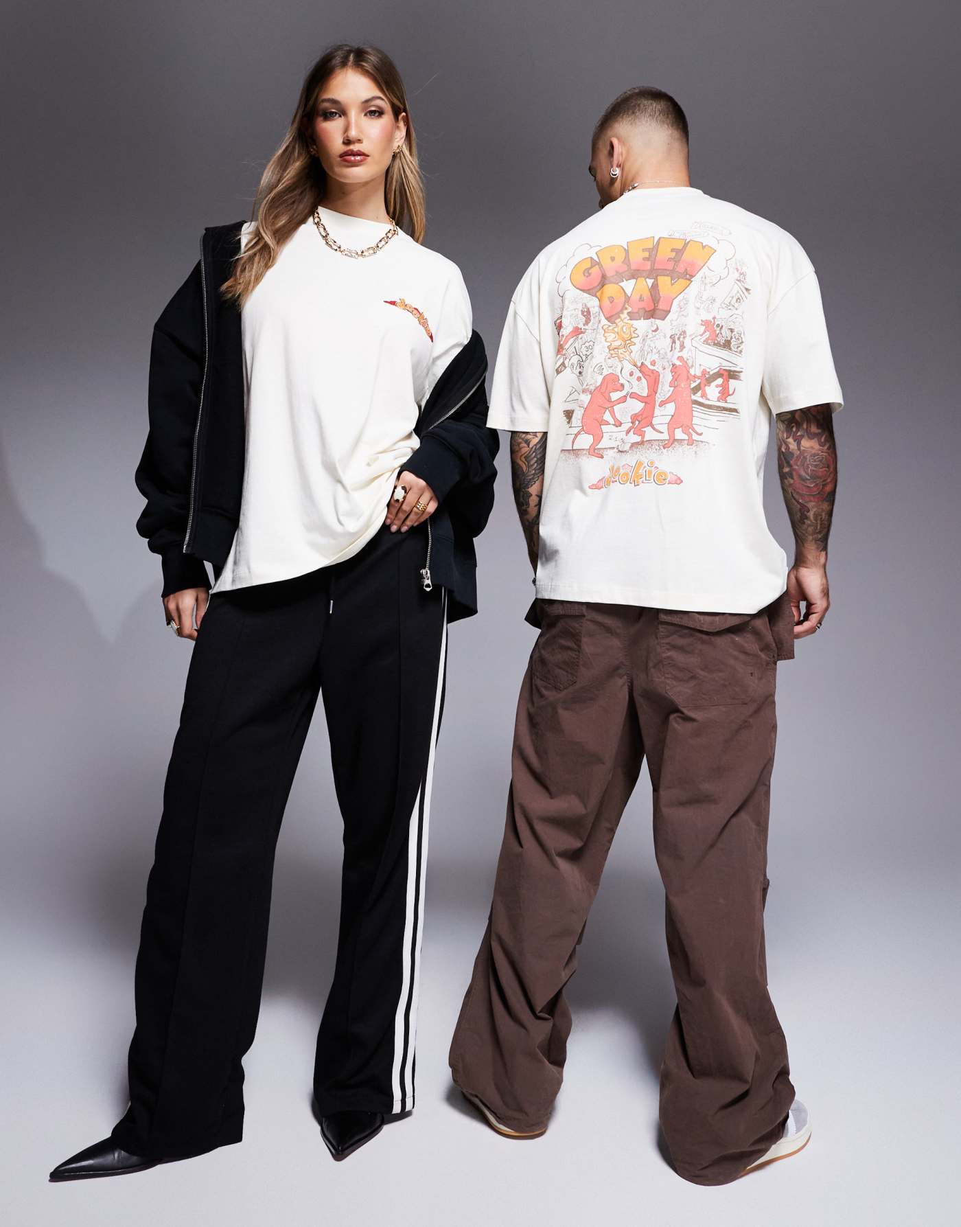 ASOS DESIGN unisex oversized license t-shirt with Green Day Dookie prints in off white