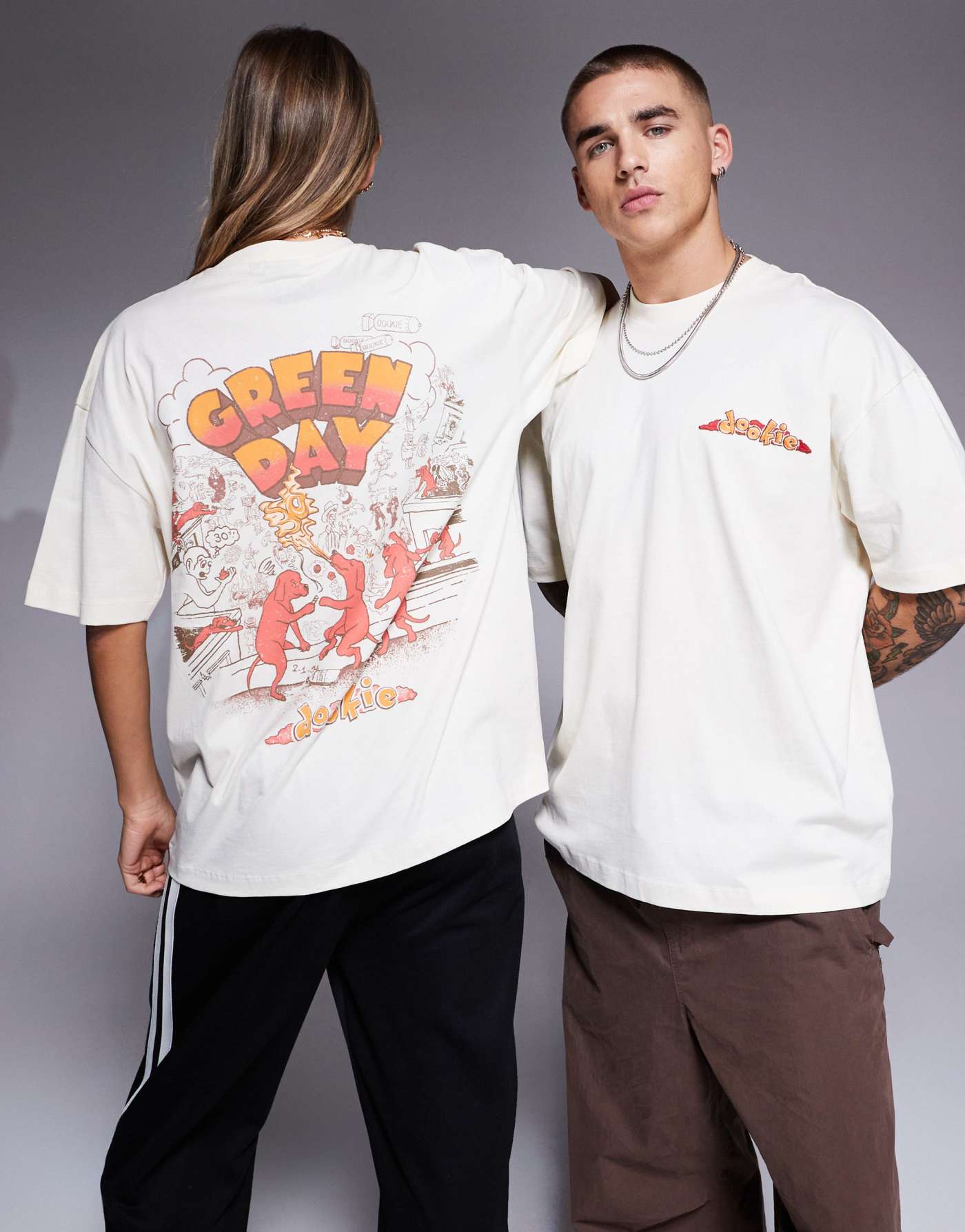 ASOS DESIGN unisex oversized license t-shirt with Green Day Dookie prints in off white