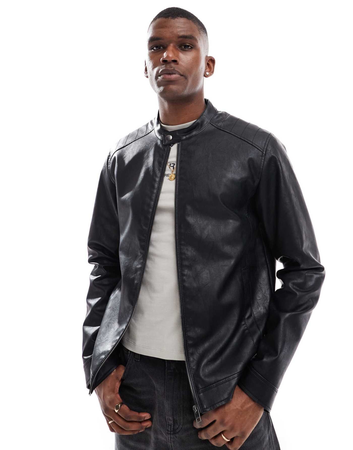 JJ Rebel faux leather racer jacket in black