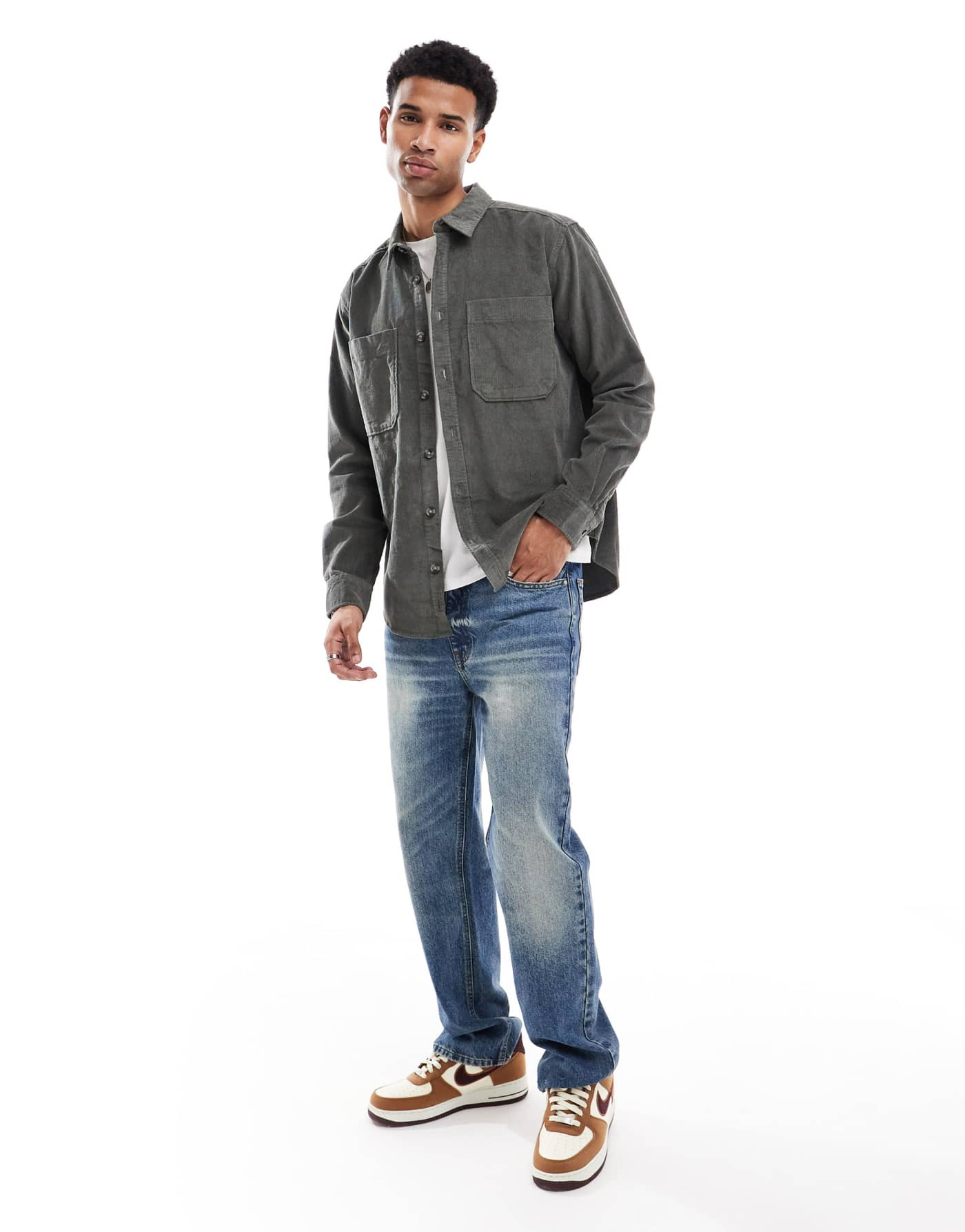 ONLY & SONS cord overshirt in charcoal