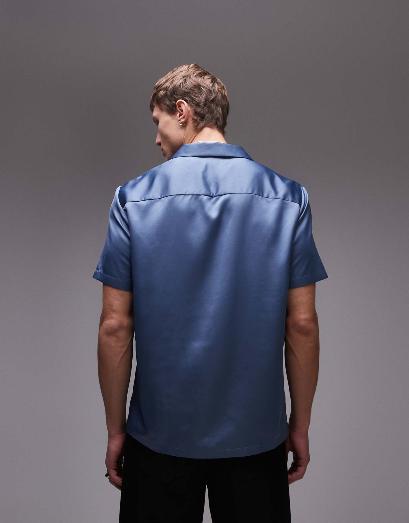 Topman short sleeve satin shirt in mid blue