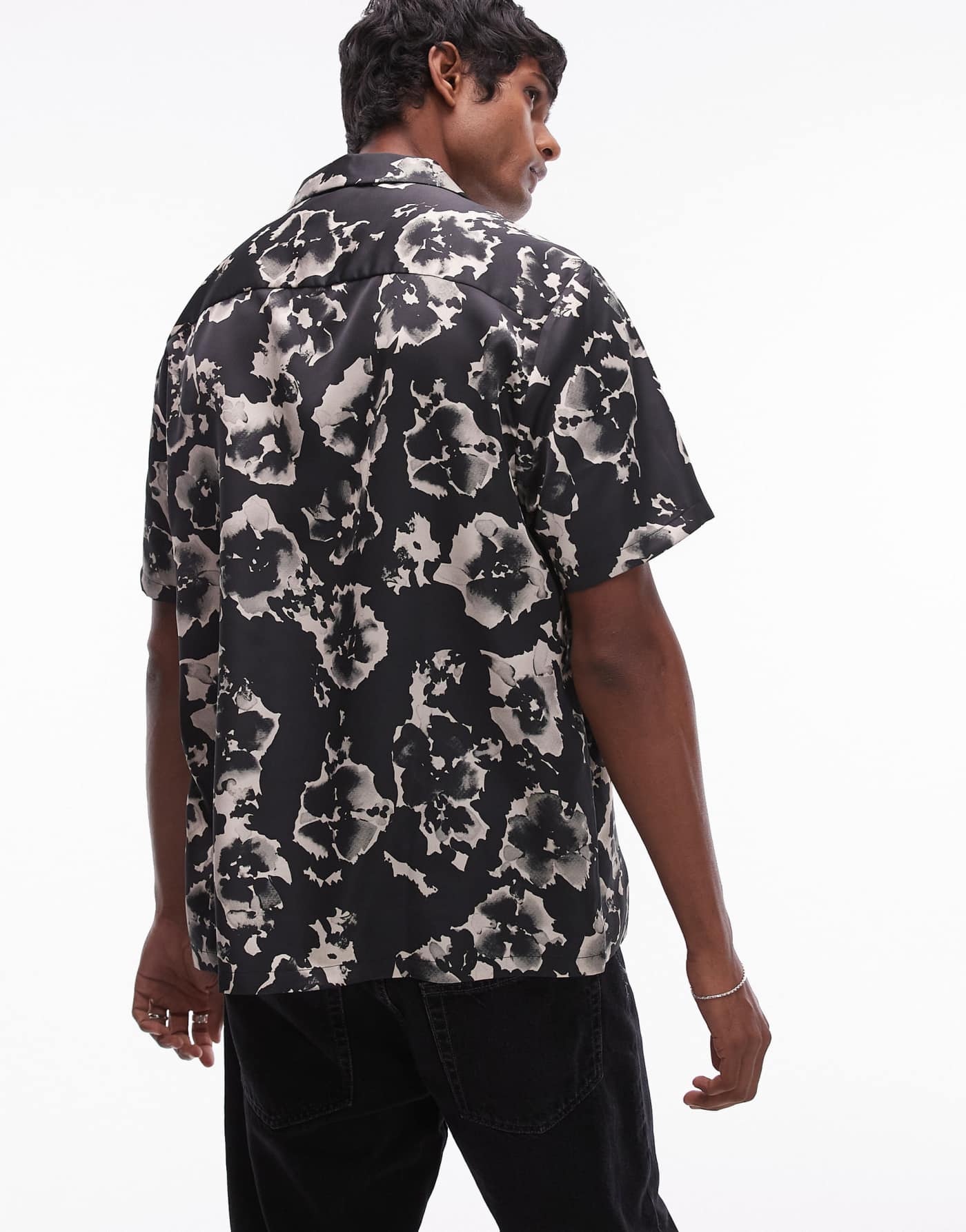 Topman short sleeve satin floral shirt in black