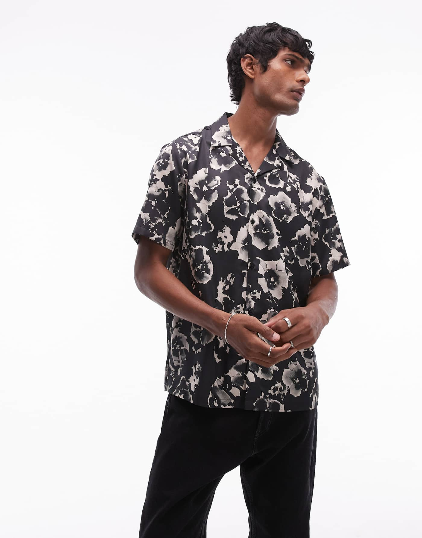 Topman short sleeve satin floral shirt in black