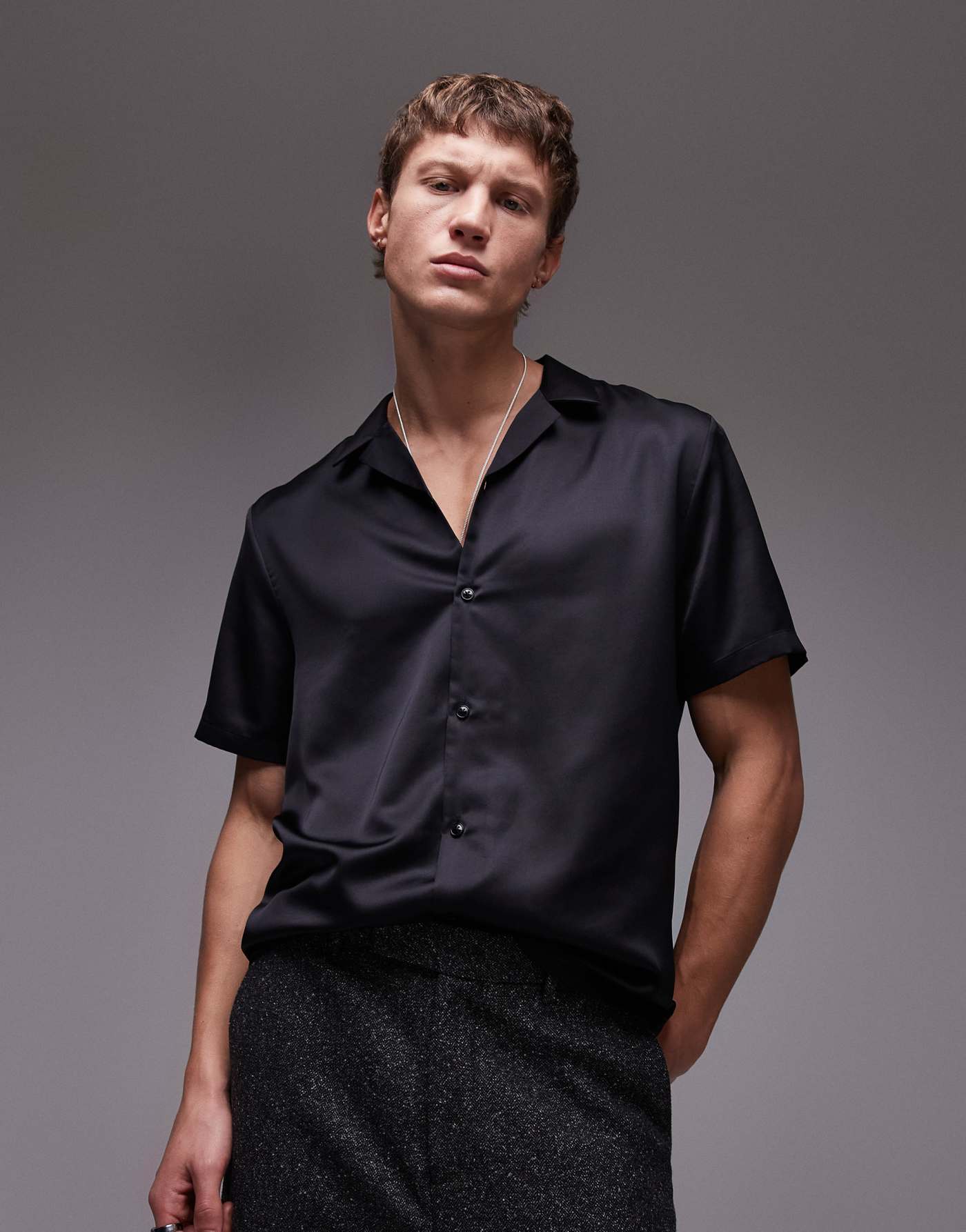 Topman short sleeve satin shirt in black