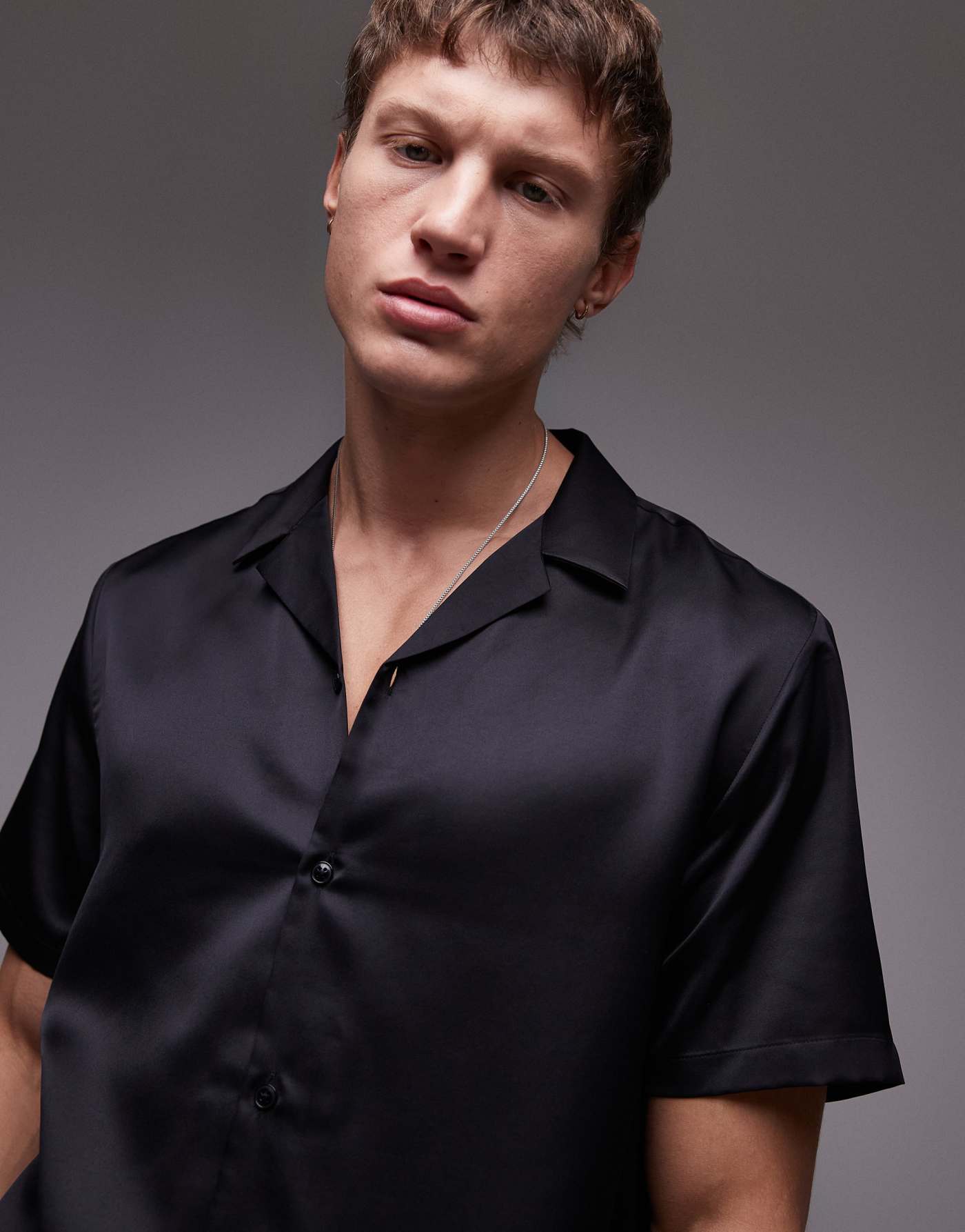 Topman short sleeve satin shirt in black