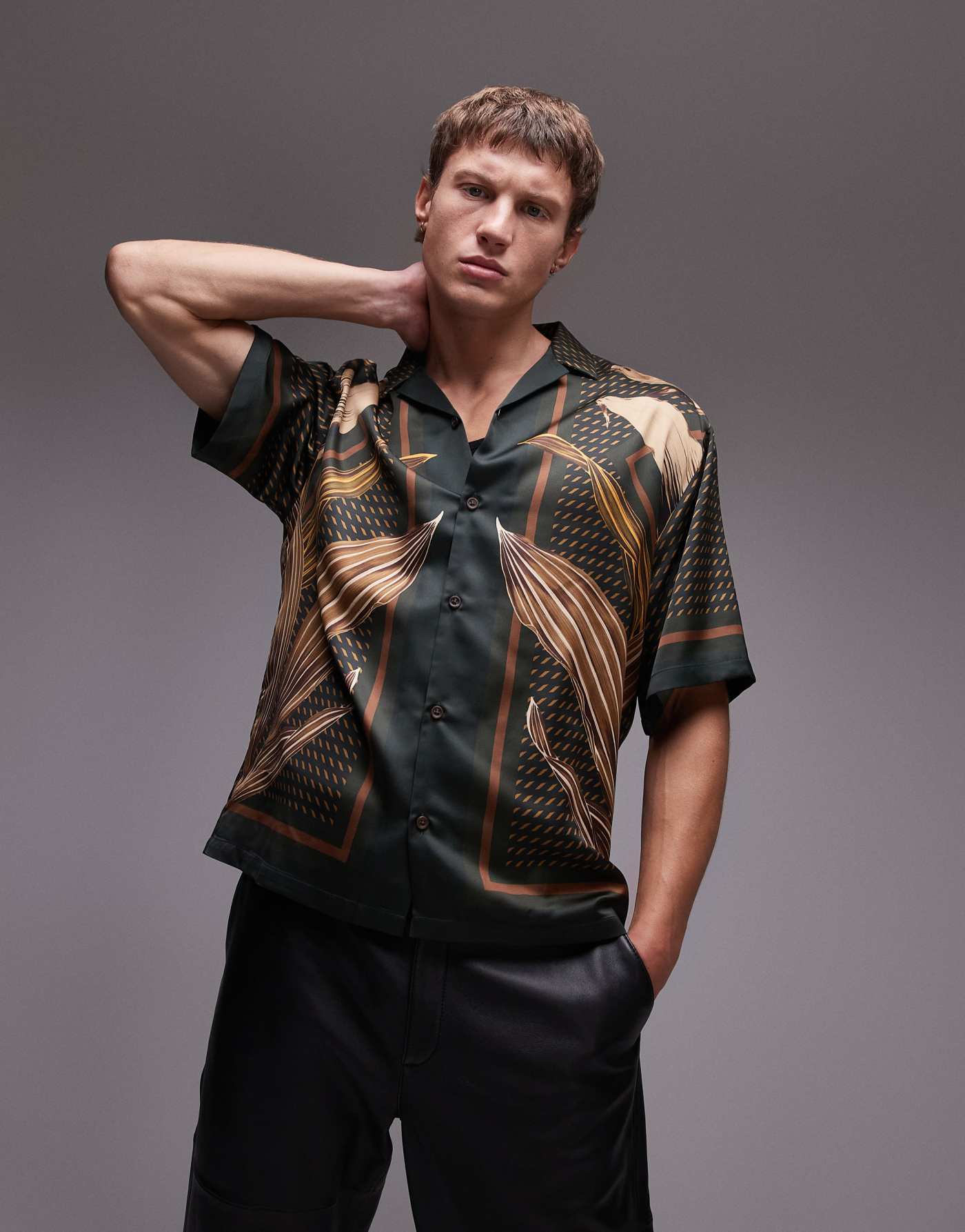 Topman short sleeve satin botanical printed shirt in brown