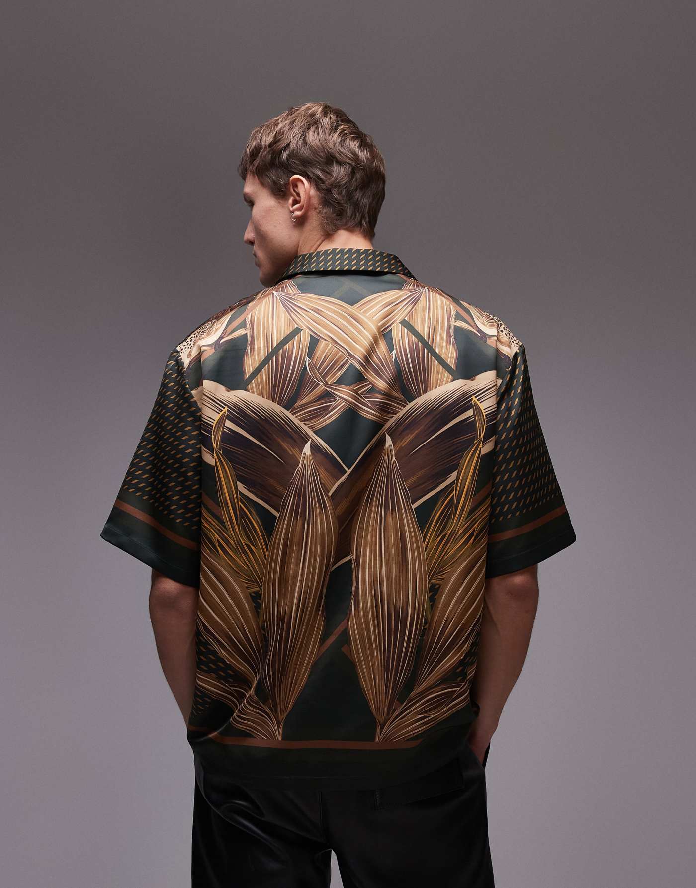 Topman short sleeve satin botanical printed shirt in brown