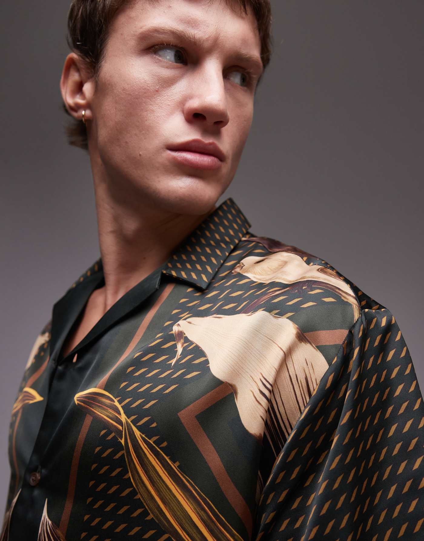 Topman short sleeve satin botanical printed shirt in brown