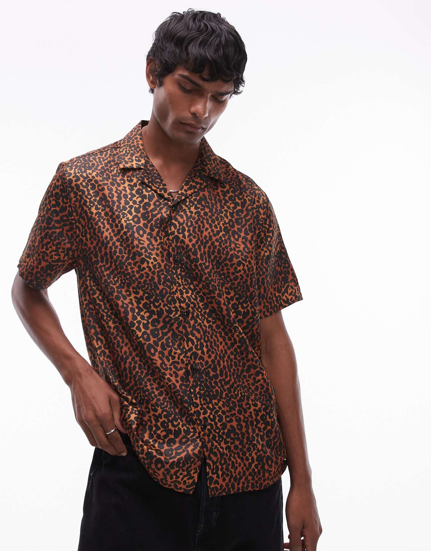 Topman short sleeve leopard print shirt in brown