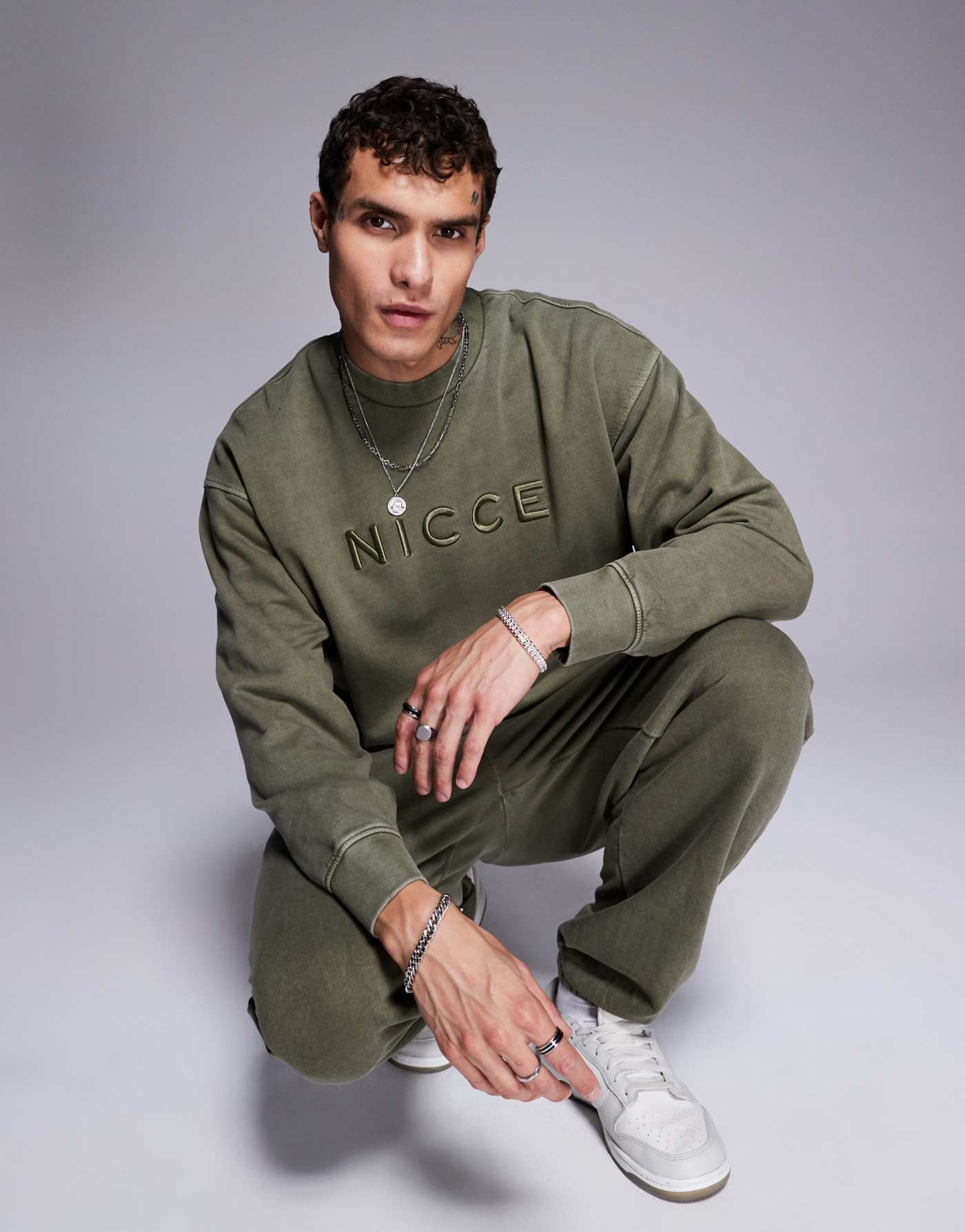 Nicce co-ord logo washed crew neck sweat in khaki